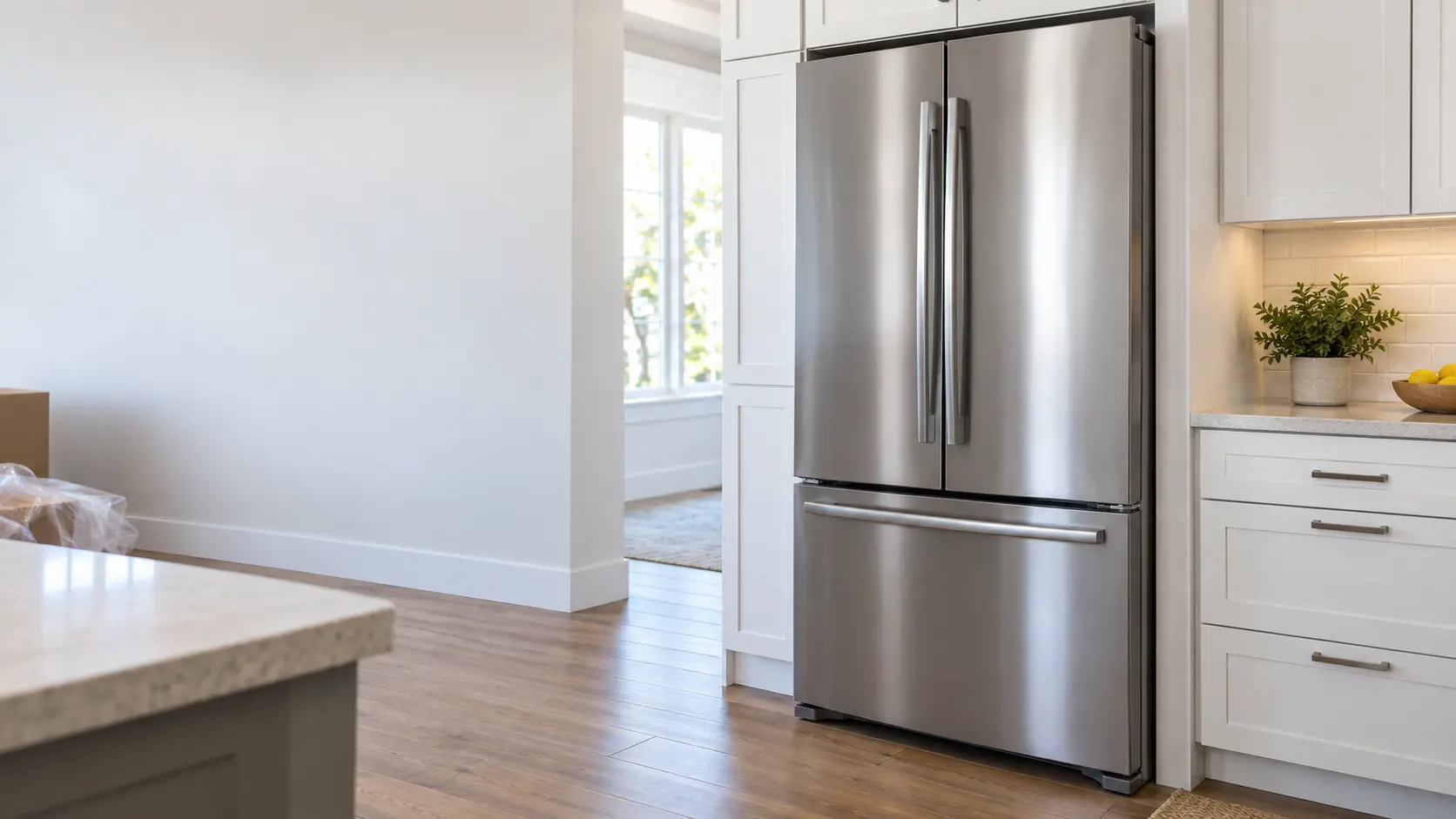 A home kitchen with a new refrigerator being set in place and white shaker cabinets, seen close at the appliance being installed.
