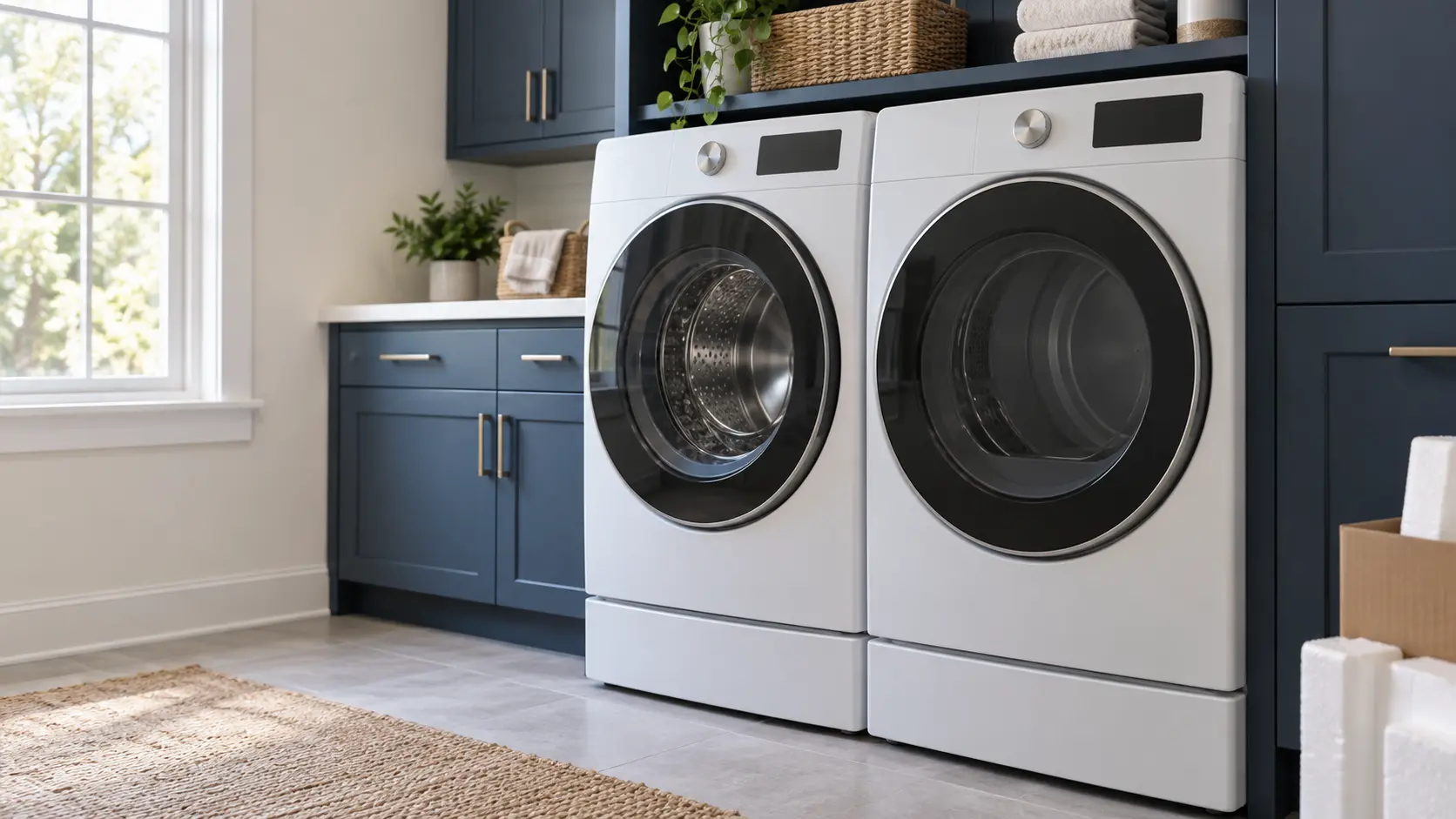 A home laundry room with a new washer and dryer going in and navy painted cabinets, seen close at the appliance being installed.