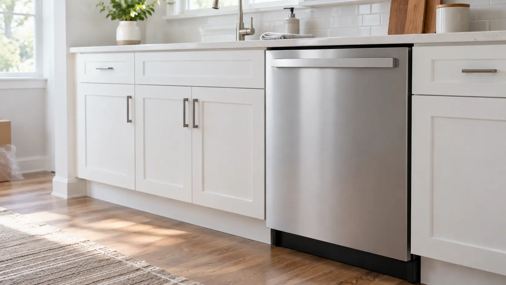 A home kitchen with a new dishwasher under the counter and white shaker cabinets, seen close at the appliance being installed.