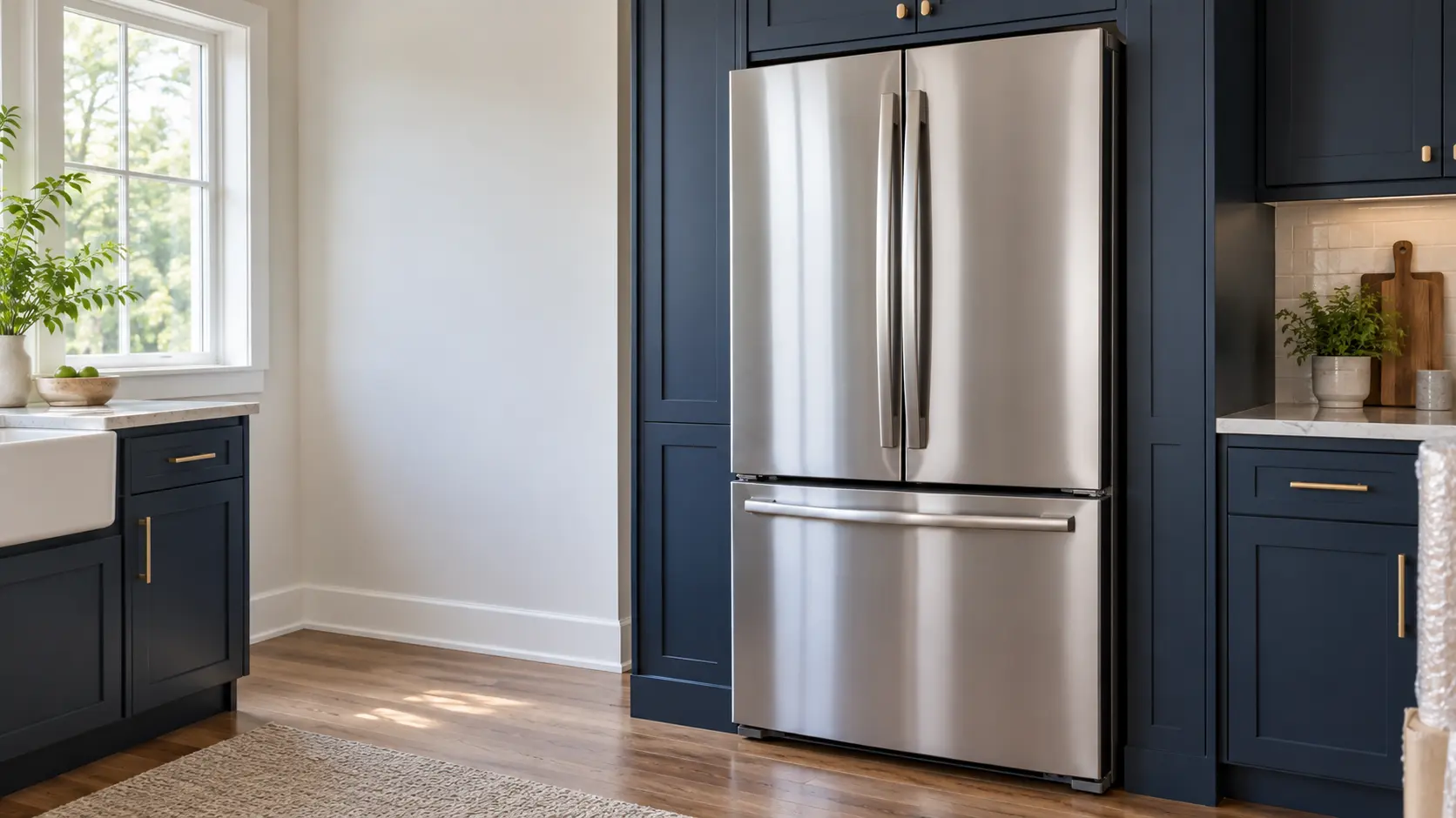 A home kitchen with a new refrigerator being set in place and navy painted cabinets, seen close at the appliance being installed.