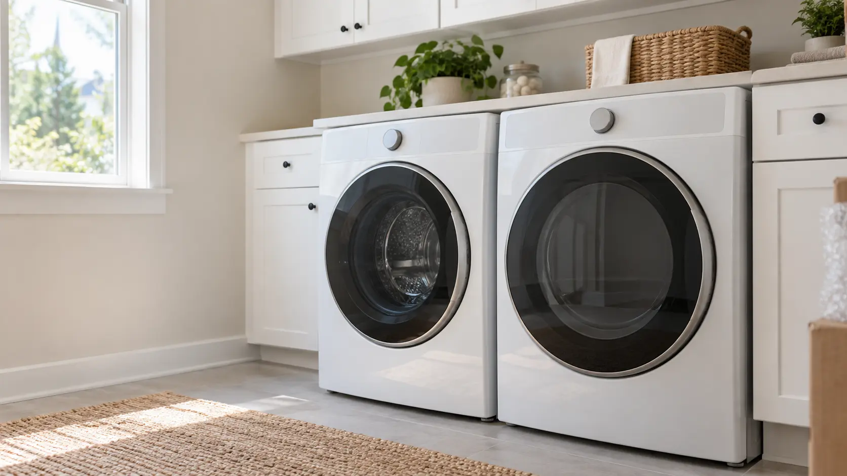A home laundry room with a new washer and dryer going in and white shaker cabinets, seen close at the appliance being installed.