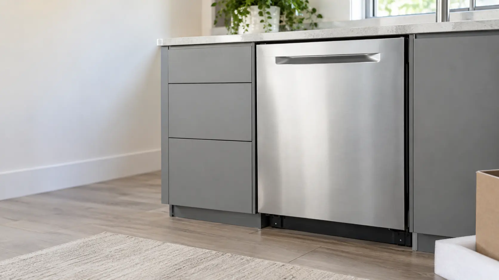 A home kitchen with a new dishwasher under the counter and gray slab cabinets, seen close at the appliance being installed.