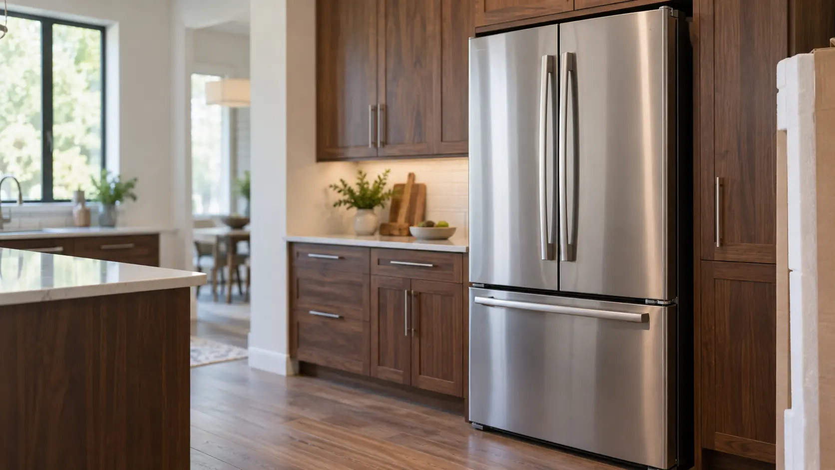 A home kitchen with a new refrigerator being set in place and dark walnut cabinets, seen close at the appliance being installed.