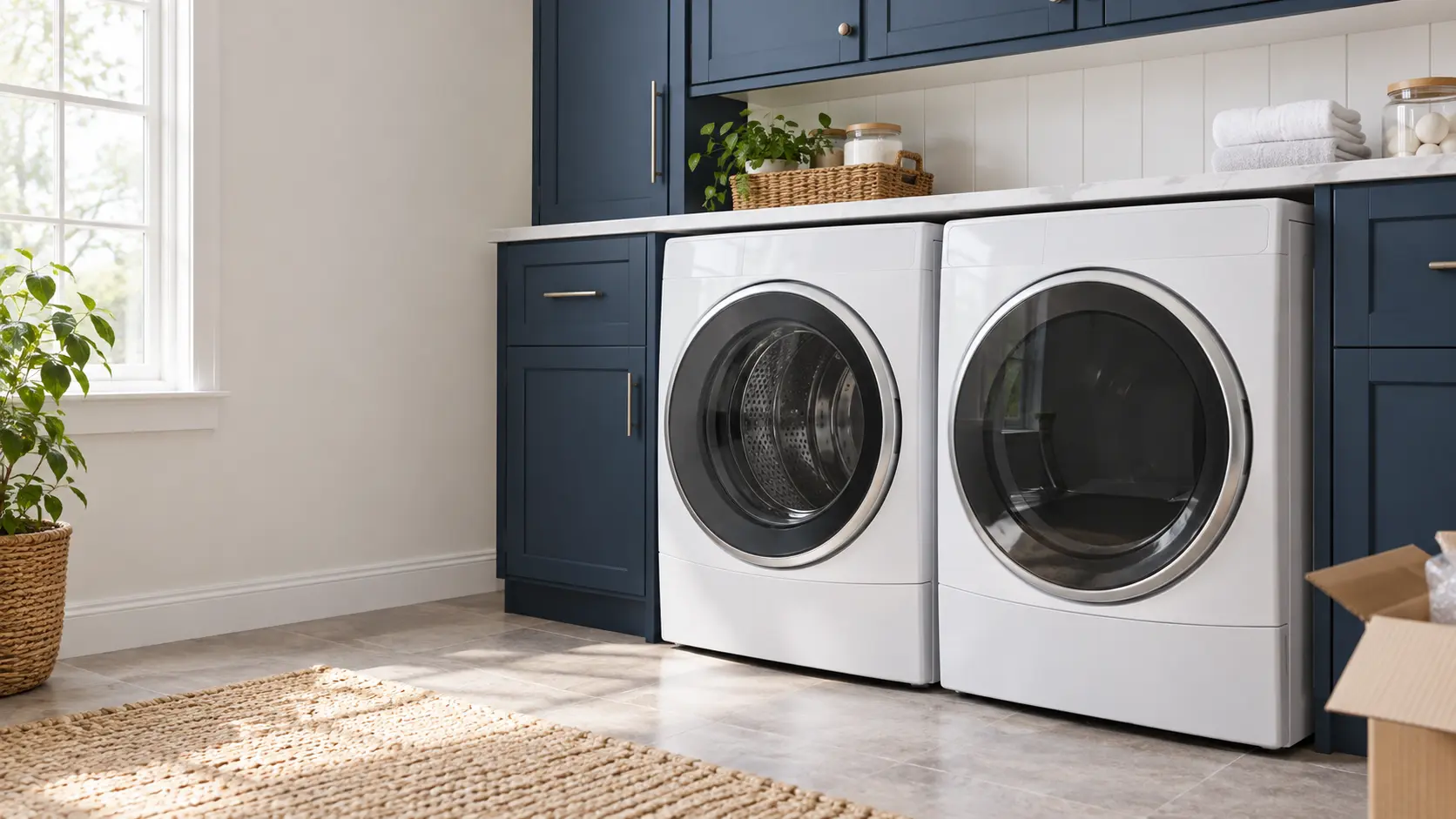 A home laundry room with a new washer and dryer going in and navy painted cabinets, seen close at the appliance being installed.