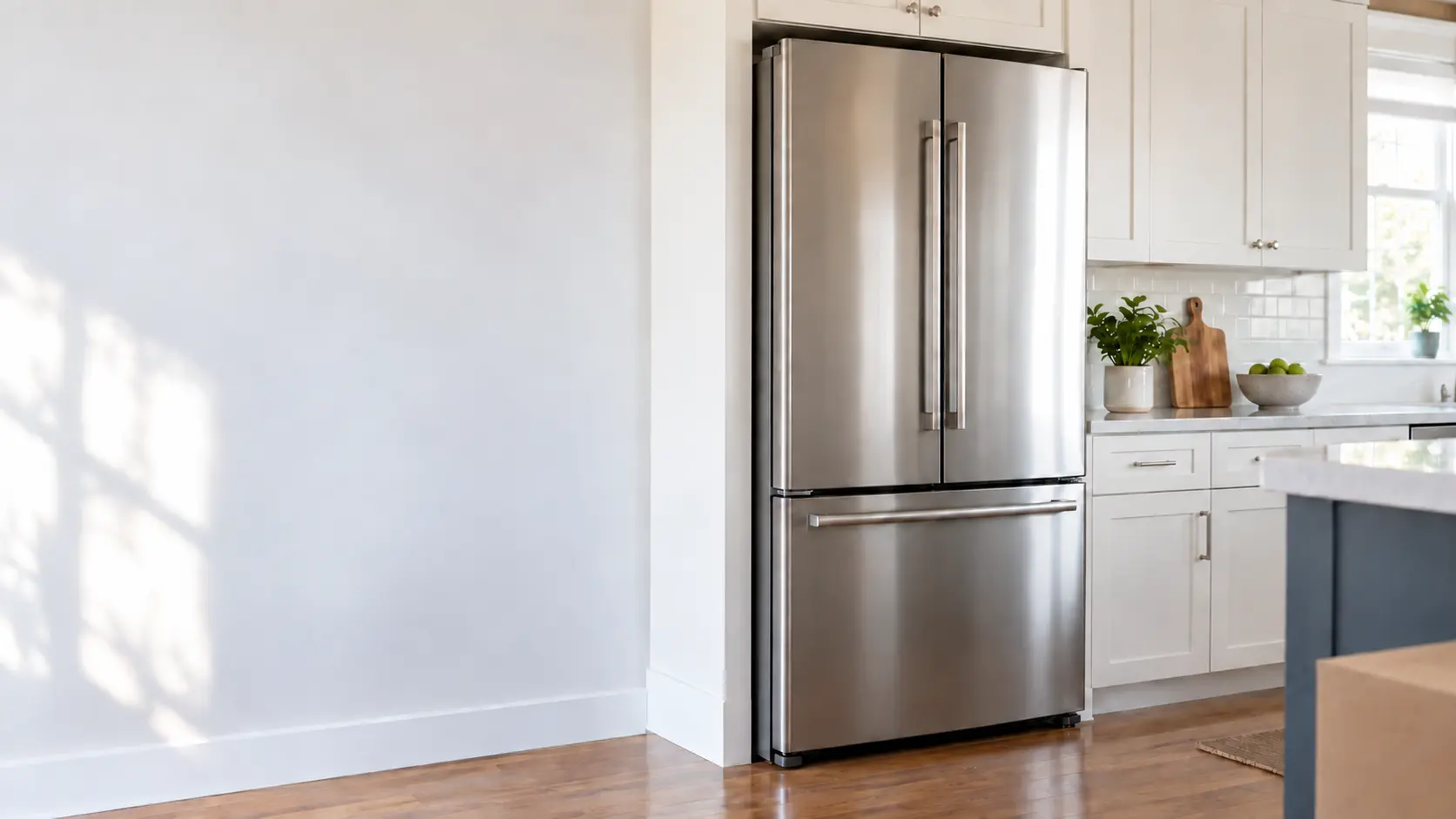 A home kitchen with a new refrigerator being set in place and white shaker cabinets, seen close at the appliance being installed.