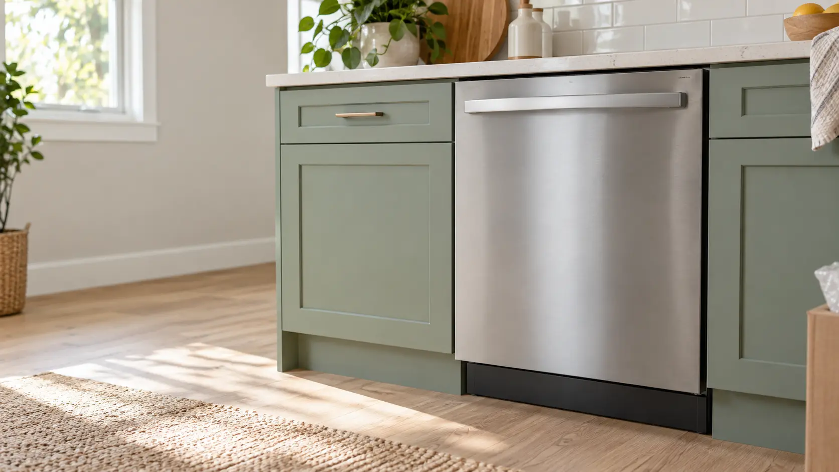 A home kitchen with a new dishwasher under the counter and sage green cabinets, seen close at the appliance being installed.
