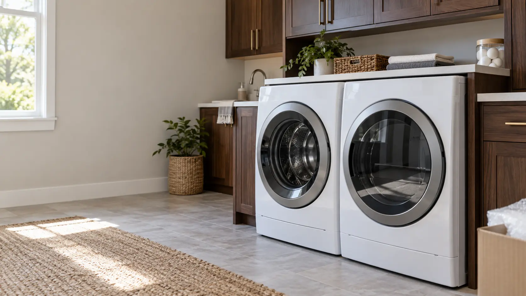 A home laundry room with a new washer and dryer going in and dark walnut cabinets, seen close at the appliance being installed.