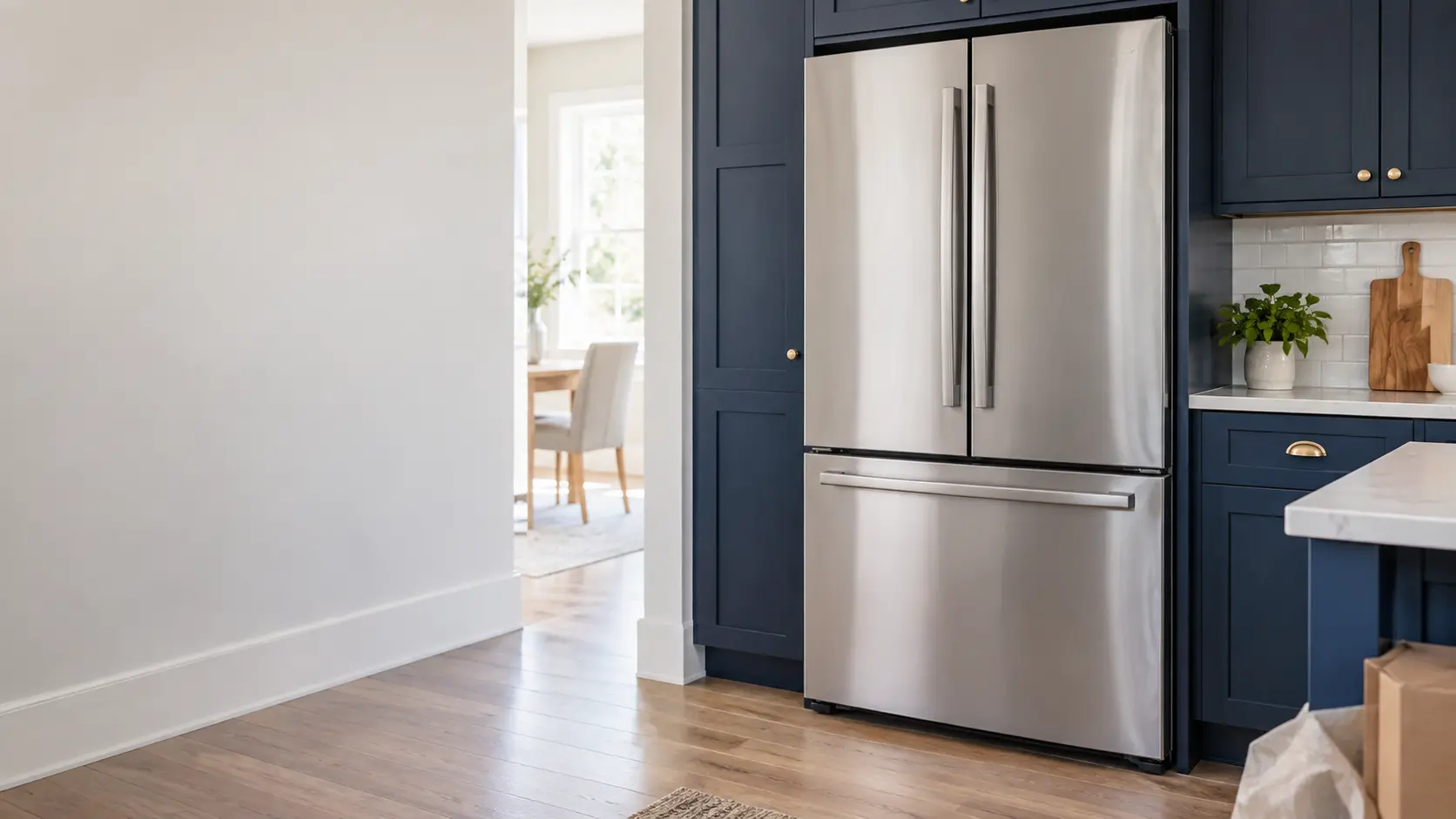 A home kitchen with a new refrigerator being set in place and navy painted cabinets, seen close at the appliance being installed.