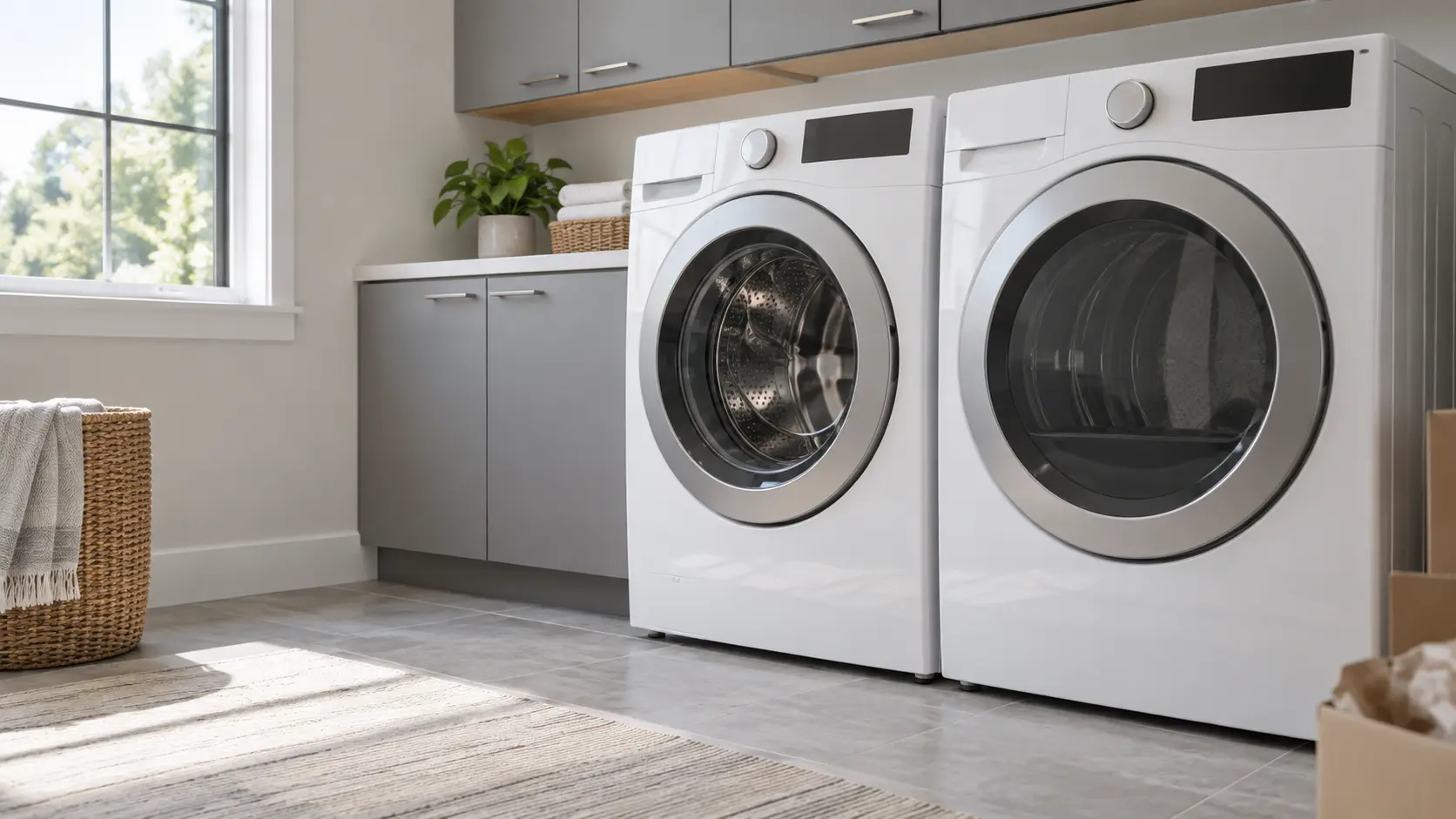 A home laundry room with a new washer and dryer going in and gray slab cabinets, seen close at the appliance being installed.