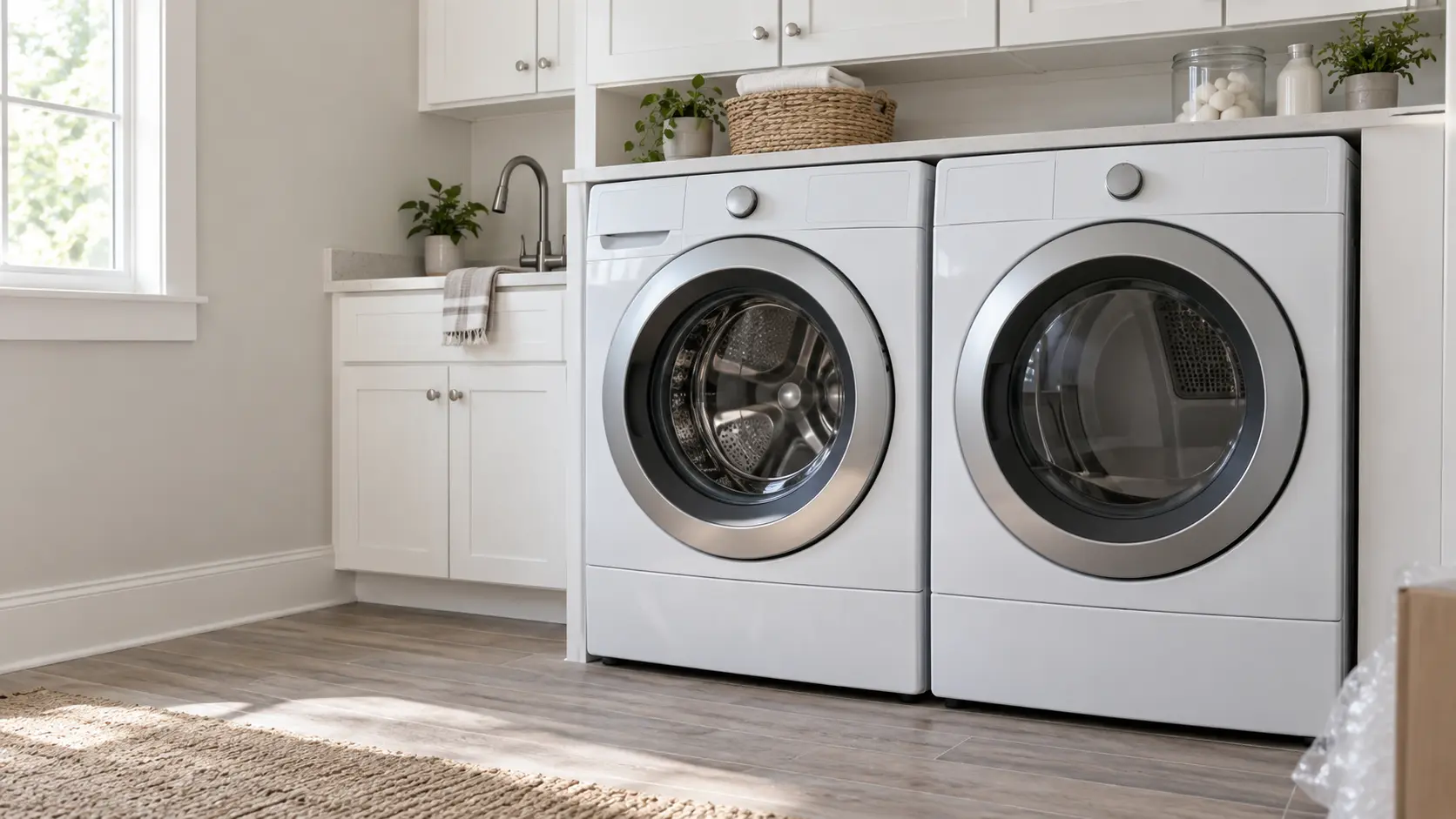 A home laundry room with a new washer and dryer going in and white shaker cabinets, seen close at the appliance being installed.