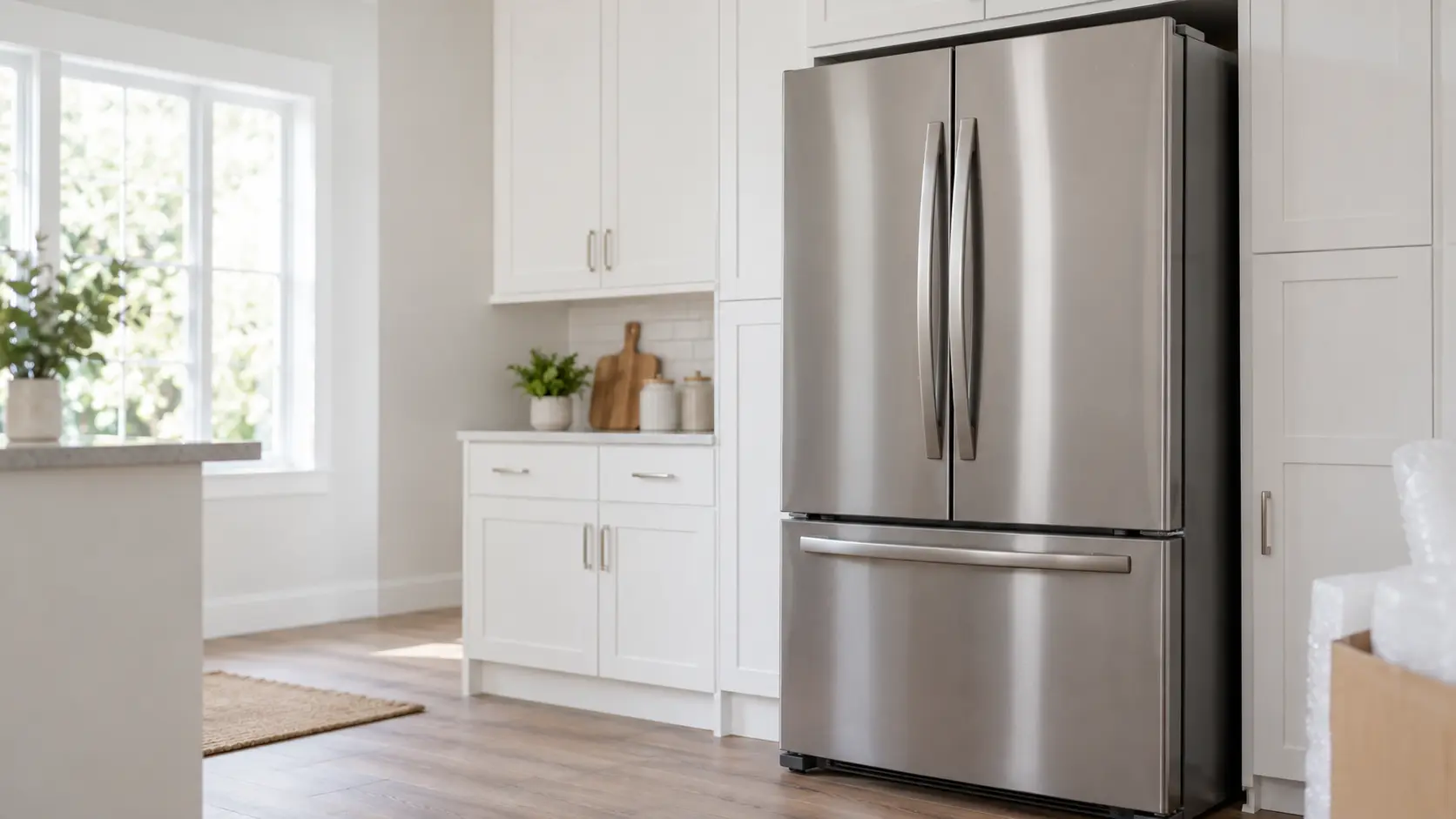 A home kitchen with a new refrigerator being set in place and white shaker cabinets, seen close at the appliance being installed.