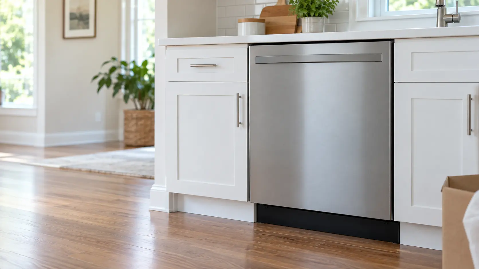 A home kitchen with a new dishwasher under the counter and white shaker cabinets, seen close at the appliance being installed.