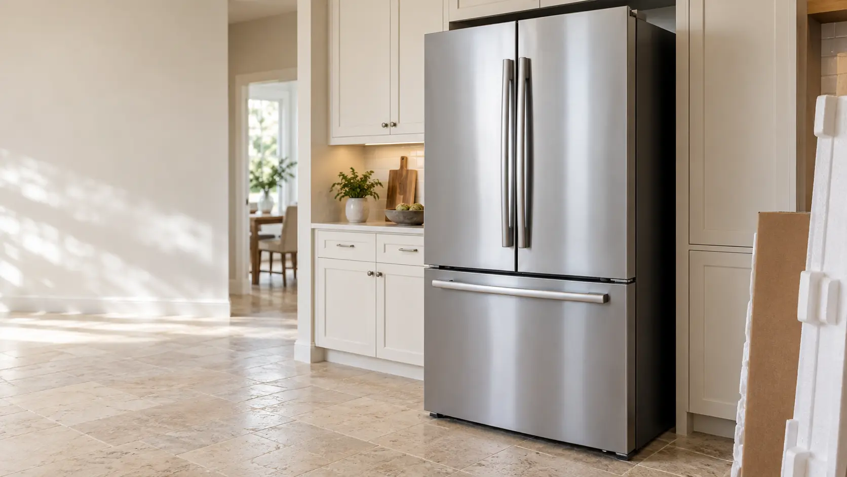 A home kitchen with a new refrigerator being set in place and travertine pavers, seen close at the appliance being installed.