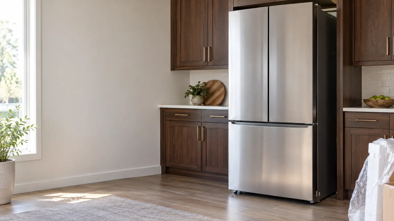 A home kitchen with a new refrigerator being set in place and dark walnut cabinets, seen close at the appliance being installed.