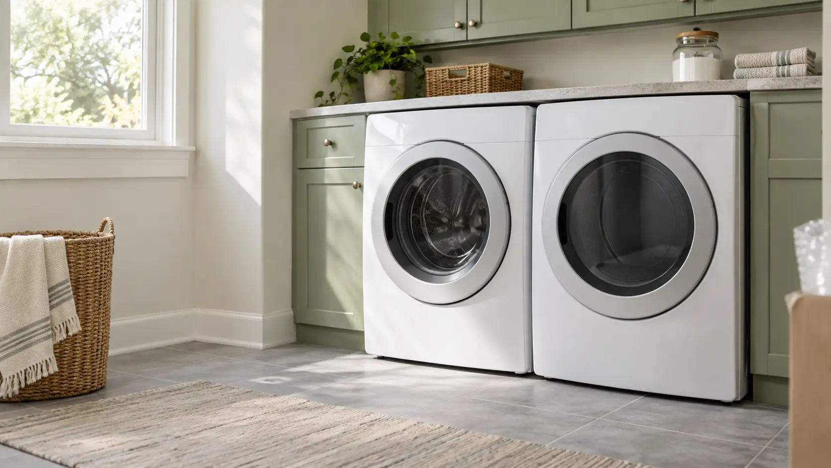 A home laundry room with a new washer and dryer going in and sage green cabinets, seen close at the appliance being installed.