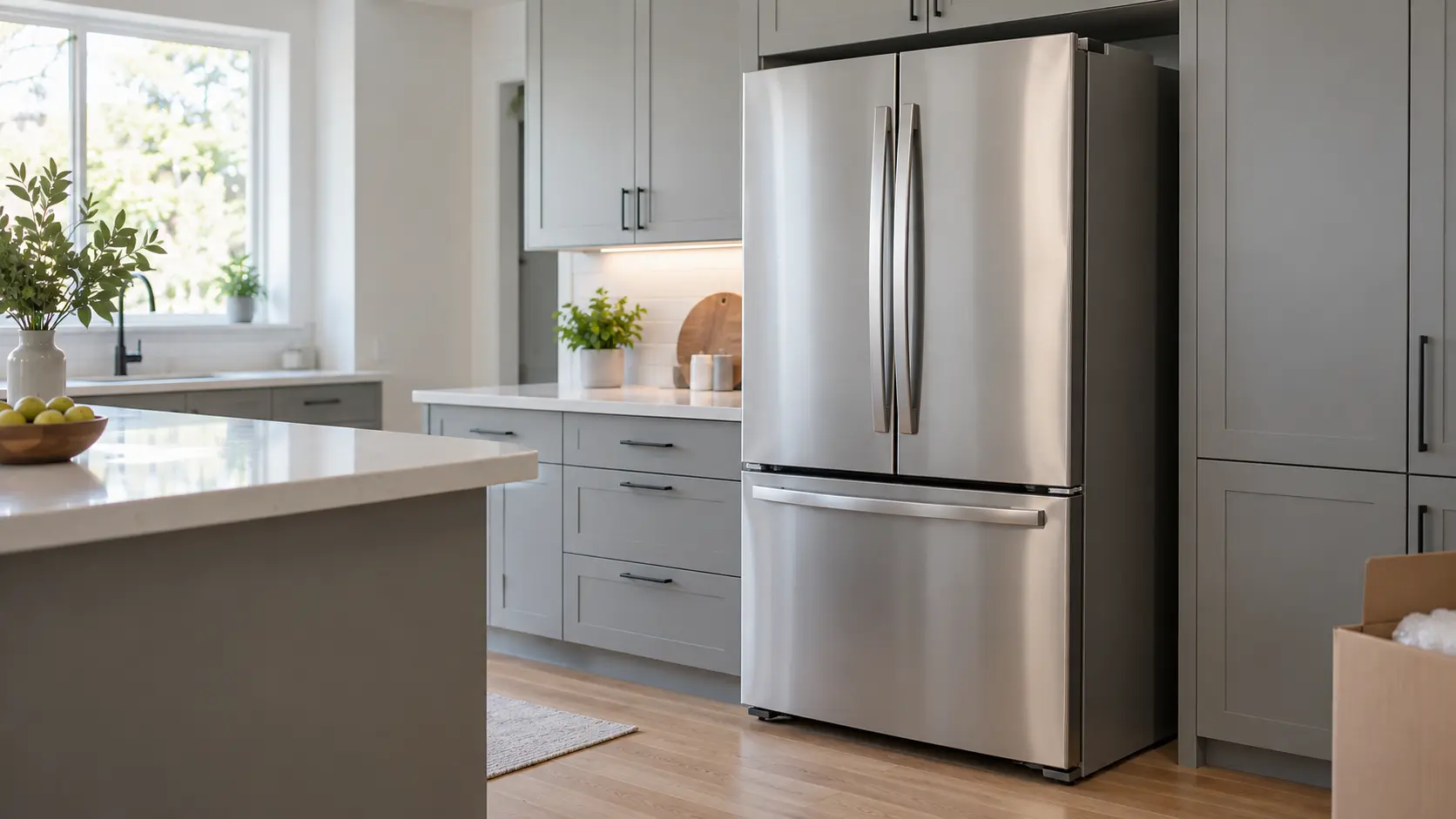 A home kitchen with a new refrigerator being set in place and gray slab cabinets, seen close at the appliance being installed.