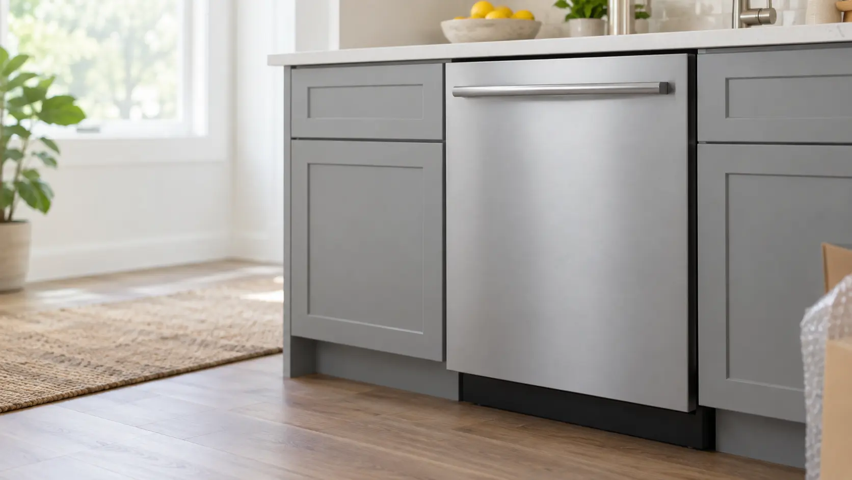 A home kitchen with a new dishwasher under the counter and gray slab cabinets, seen close at the appliance being installed.