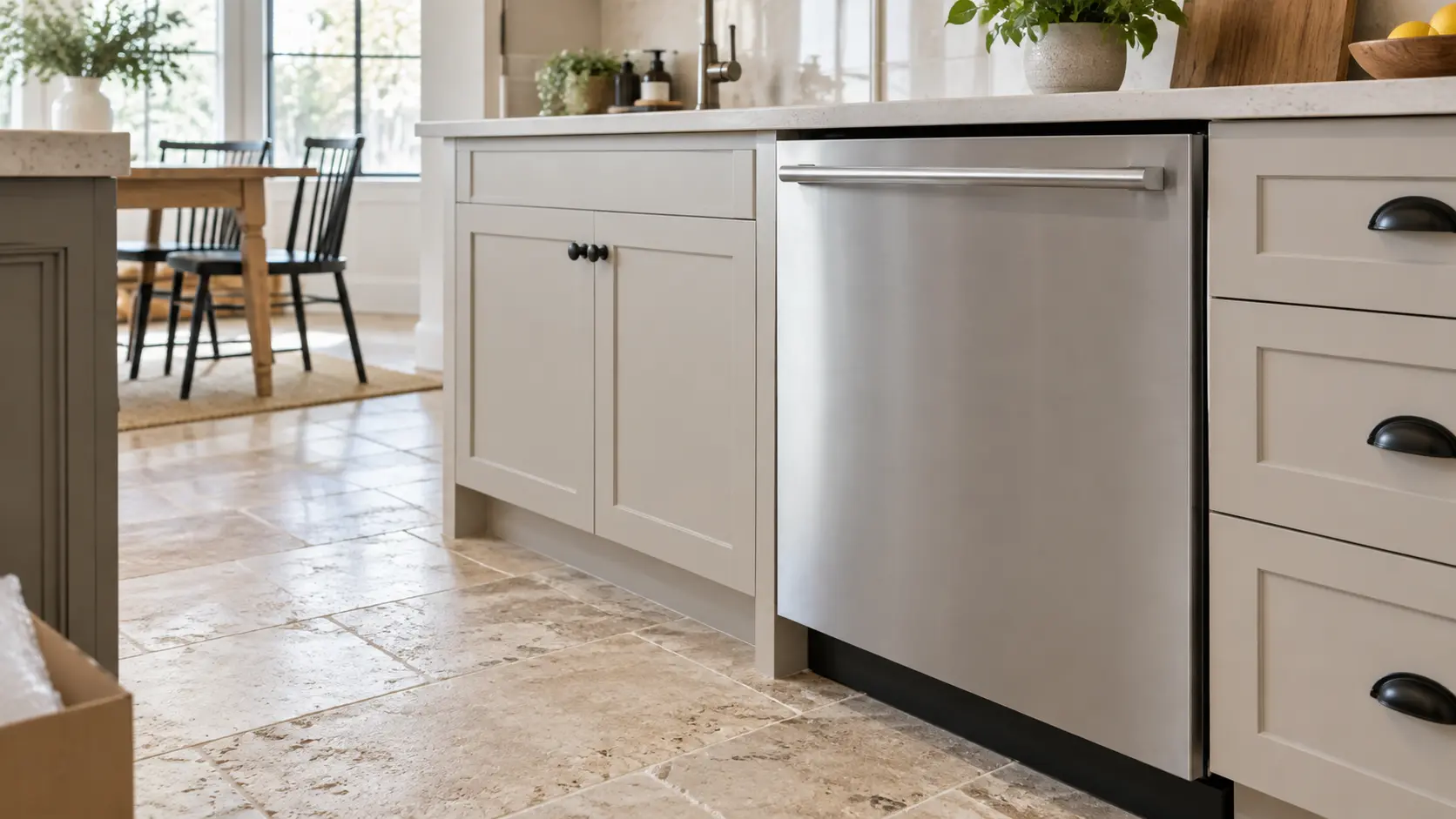 A home kitchen with a new dishwasher under the counter and travertine pavers, seen close at the appliance being installed.