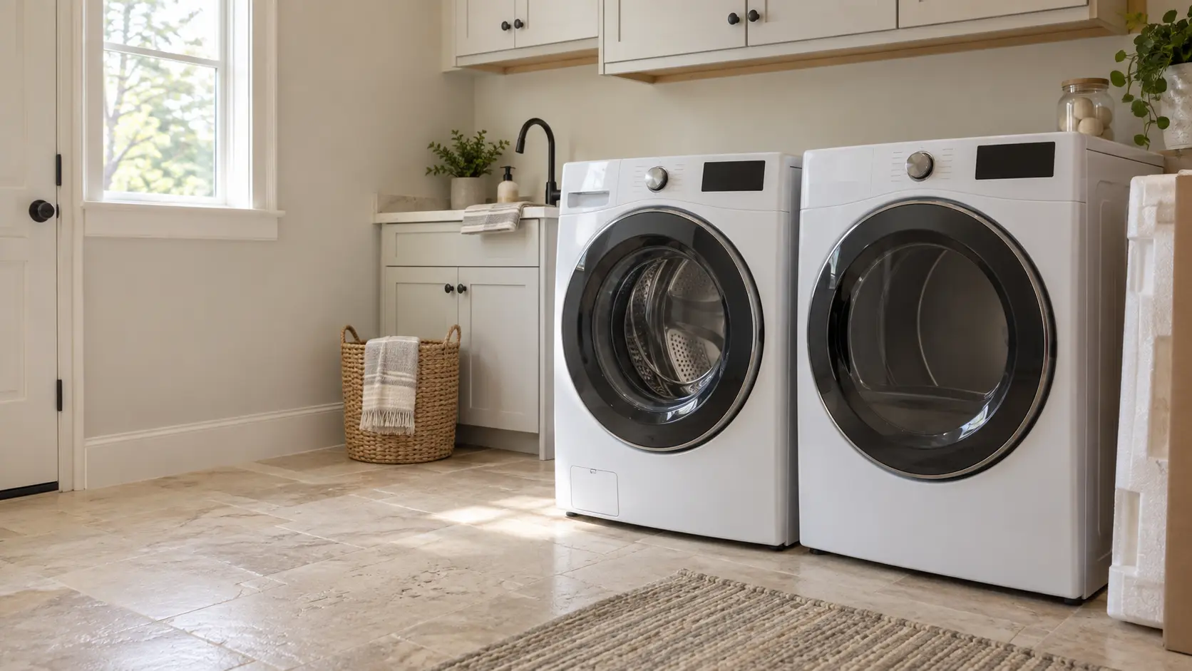 A home laundry room with a new washer and dryer going in and travertine pavers, seen close at the appliance being installed.