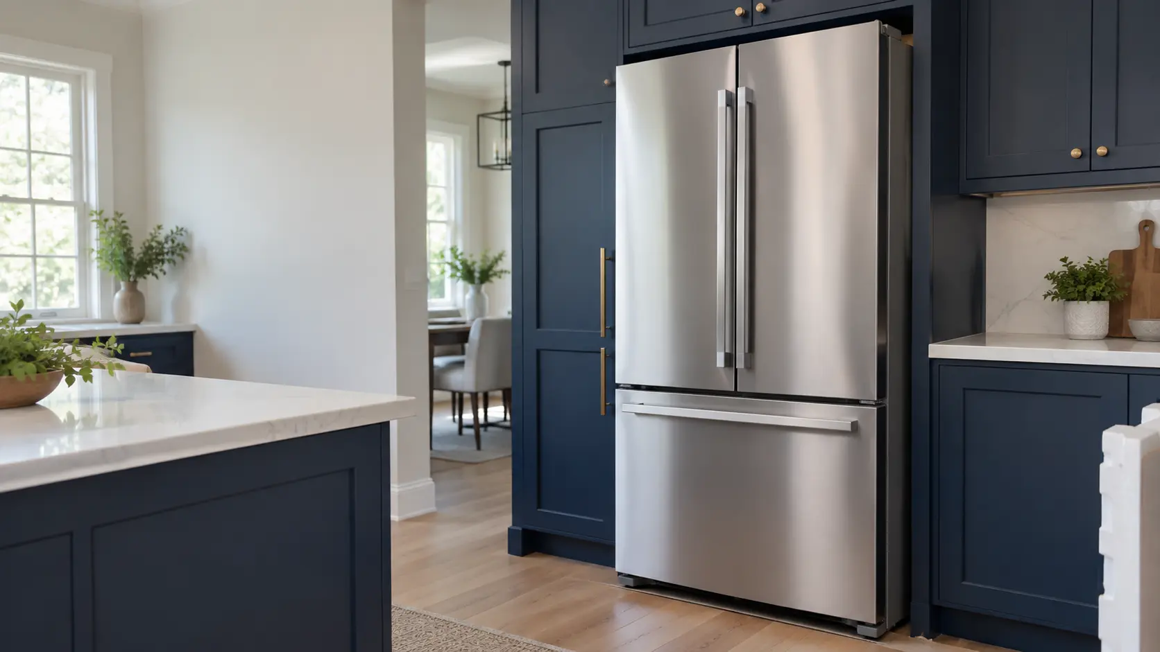 A home kitchen with a new refrigerator being set in place and navy painted cabinets, seen close at the appliance being installed.