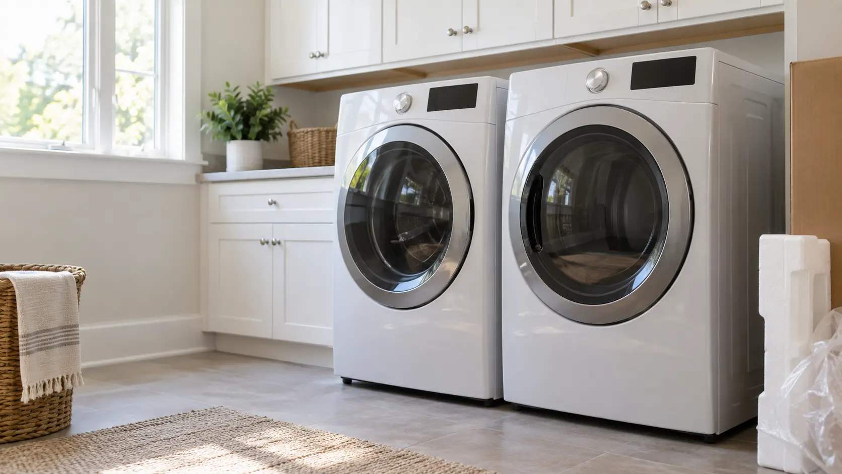 A home laundry room with a new washer and dryer going in and white shaker cabinets, seen close at the appliance being installed.