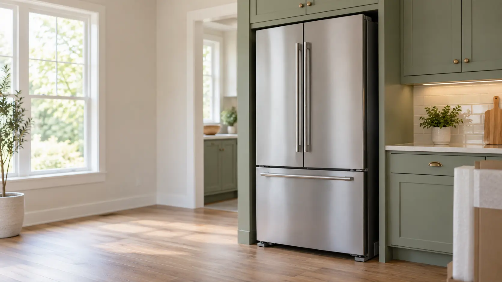 A home kitchen with a new refrigerator being set in place and sage green cabinets, seen close at the appliance being installed.