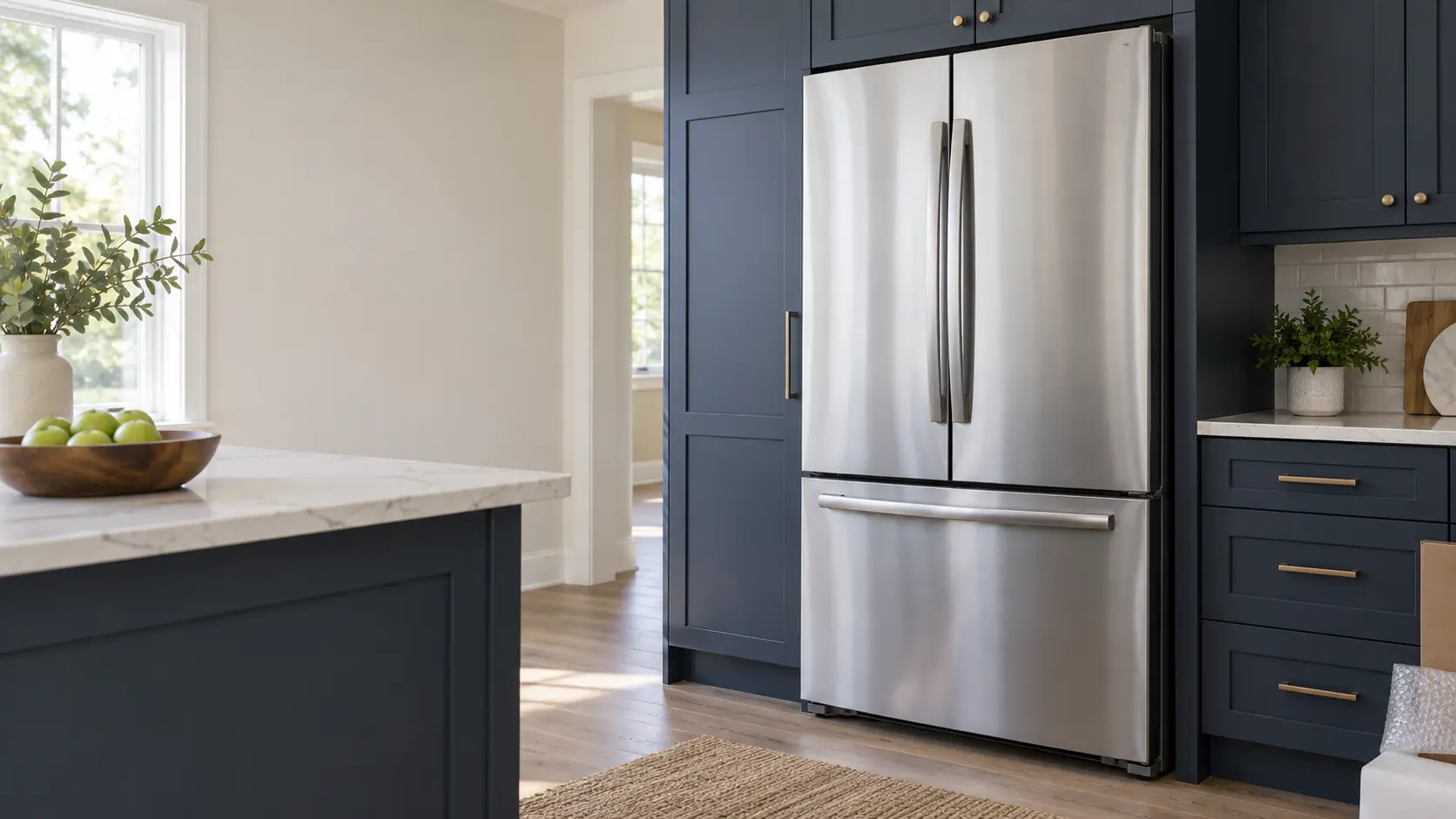 A home kitchen with a new refrigerator being set in place and navy painted cabinets, seen close at the appliance being installed.