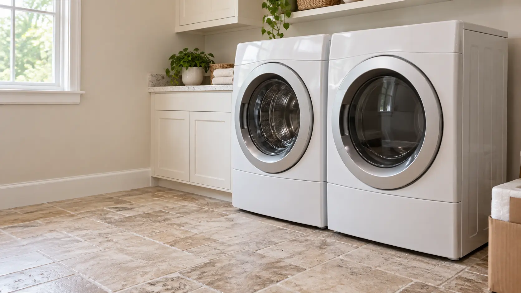 A home laundry room with a new washer and dryer going in and travertine pavers, seen close at the appliance being installed.
