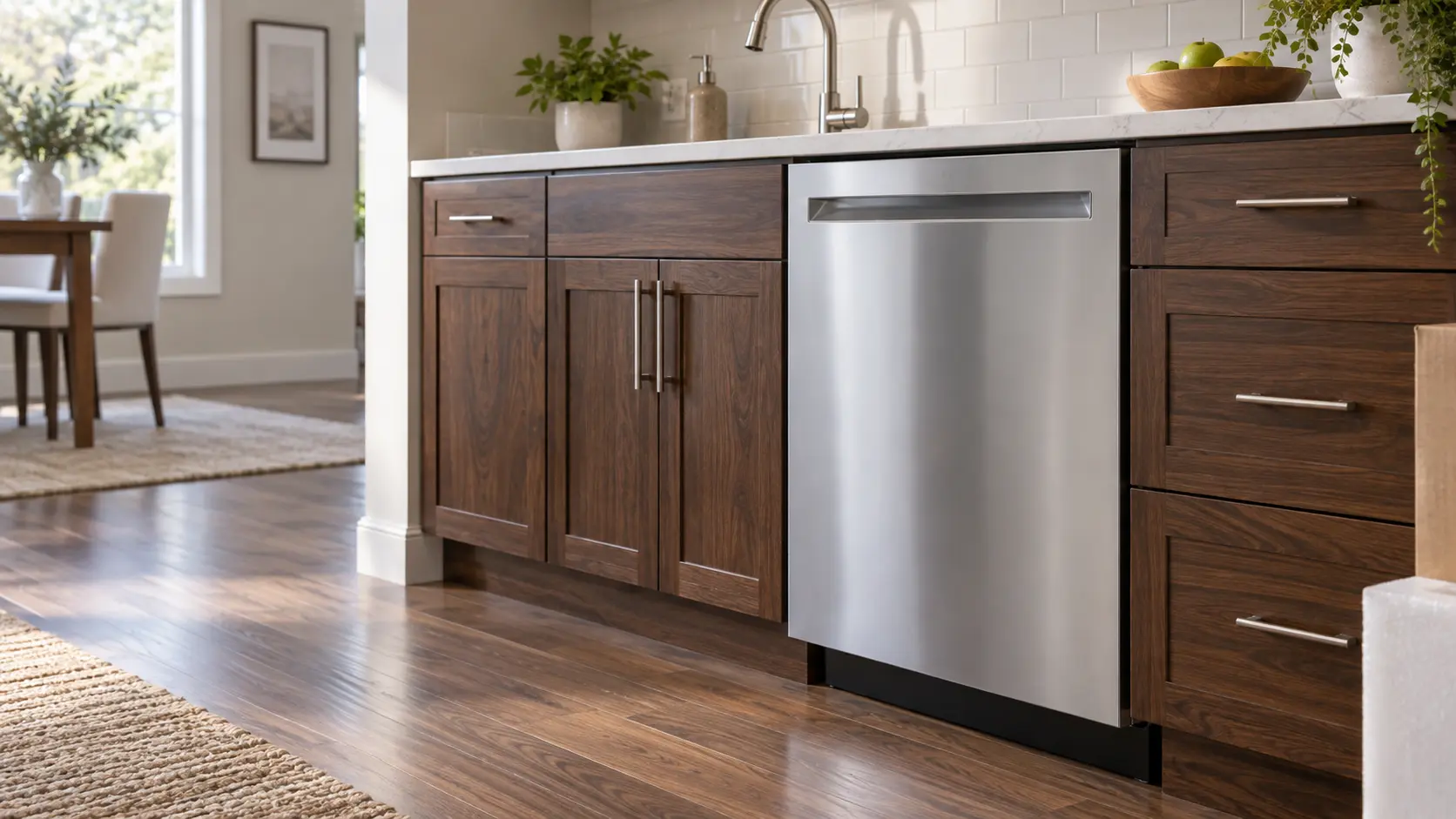 A home kitchen with a new dishwasher under the counter and dark walnut cabinets, seen close at the appliance being installed.