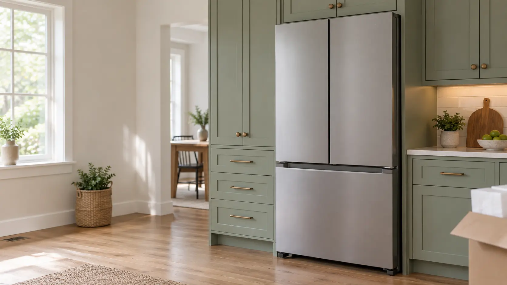 A home kitchen with a new refrigerator being set in place and sage green cabinets, seen close at the appliance being installed.