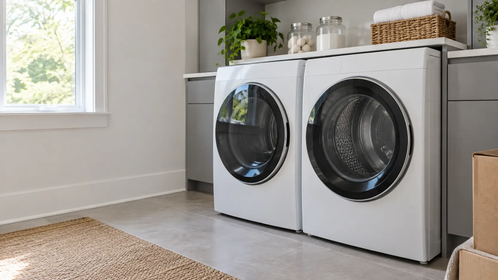 A home laundry room with a new washer and dryer going in and gray slab cabinets, seen close at the appliance being installed.