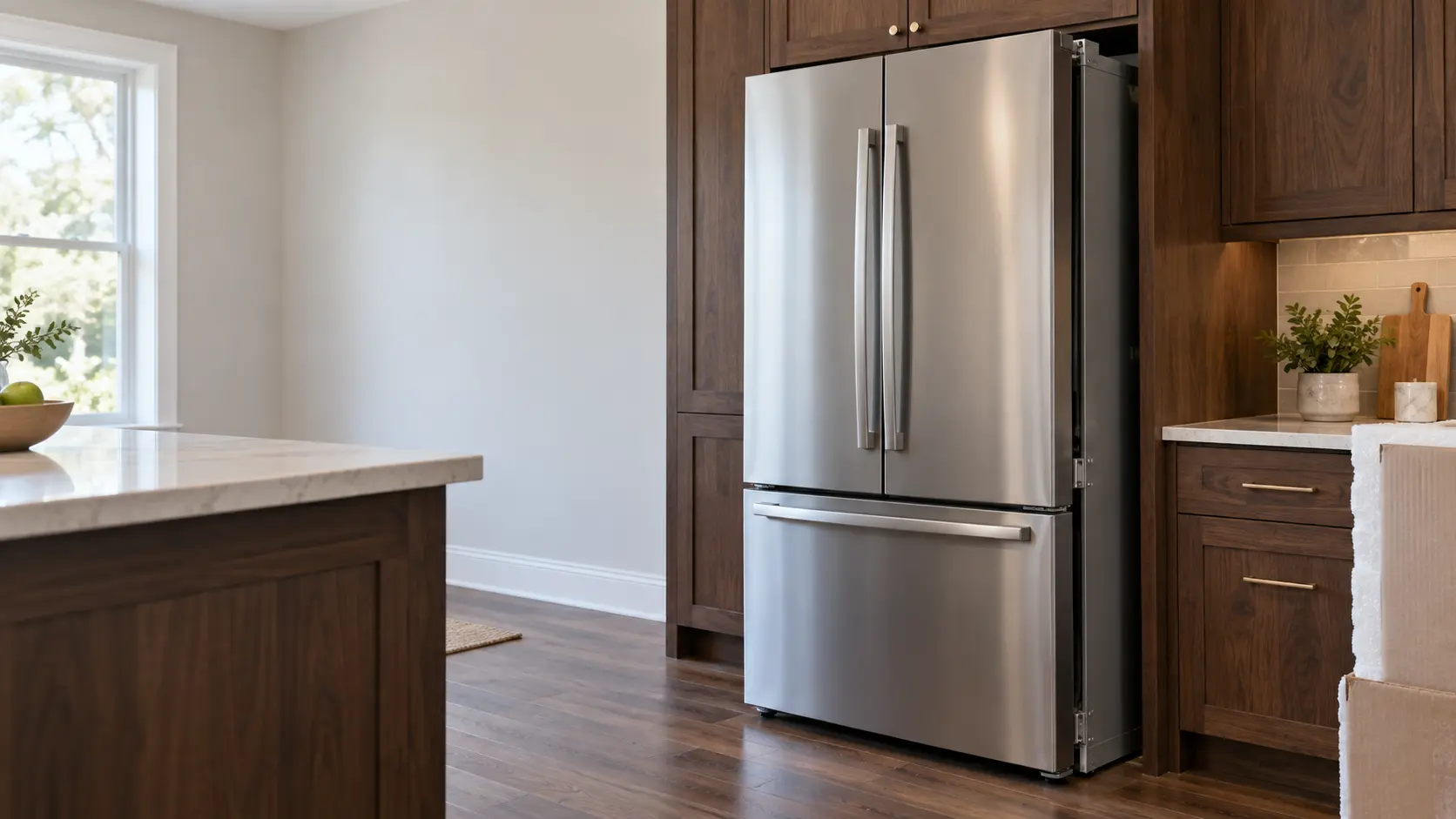 A home kitchen with a new refrigerator being set in place and dark walnut cabinets, seen close at the appliance being installed.
