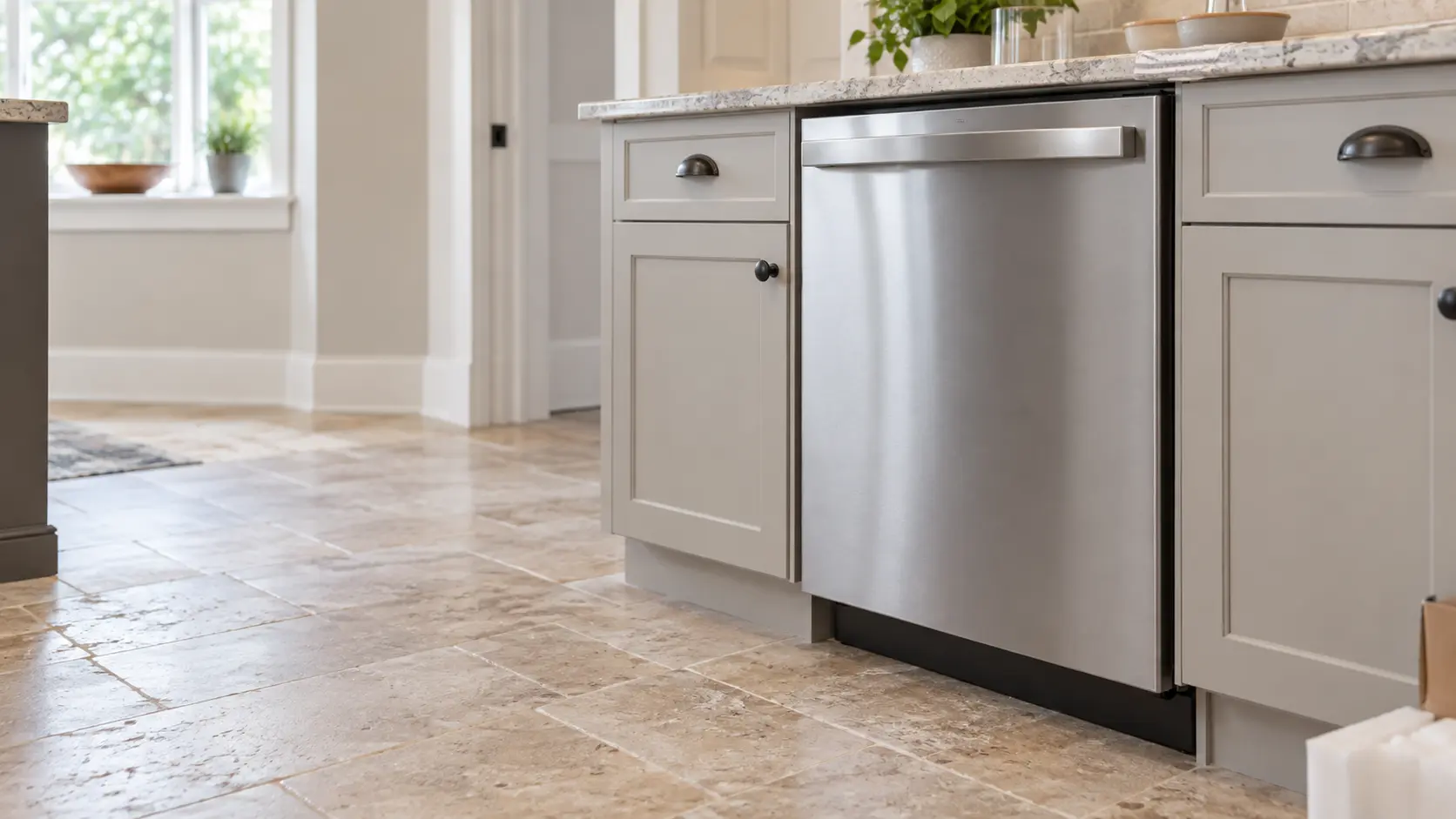 A home kitchen with a new dishwasher under the counter and travertine pavers, seen close at the appliance being installed.