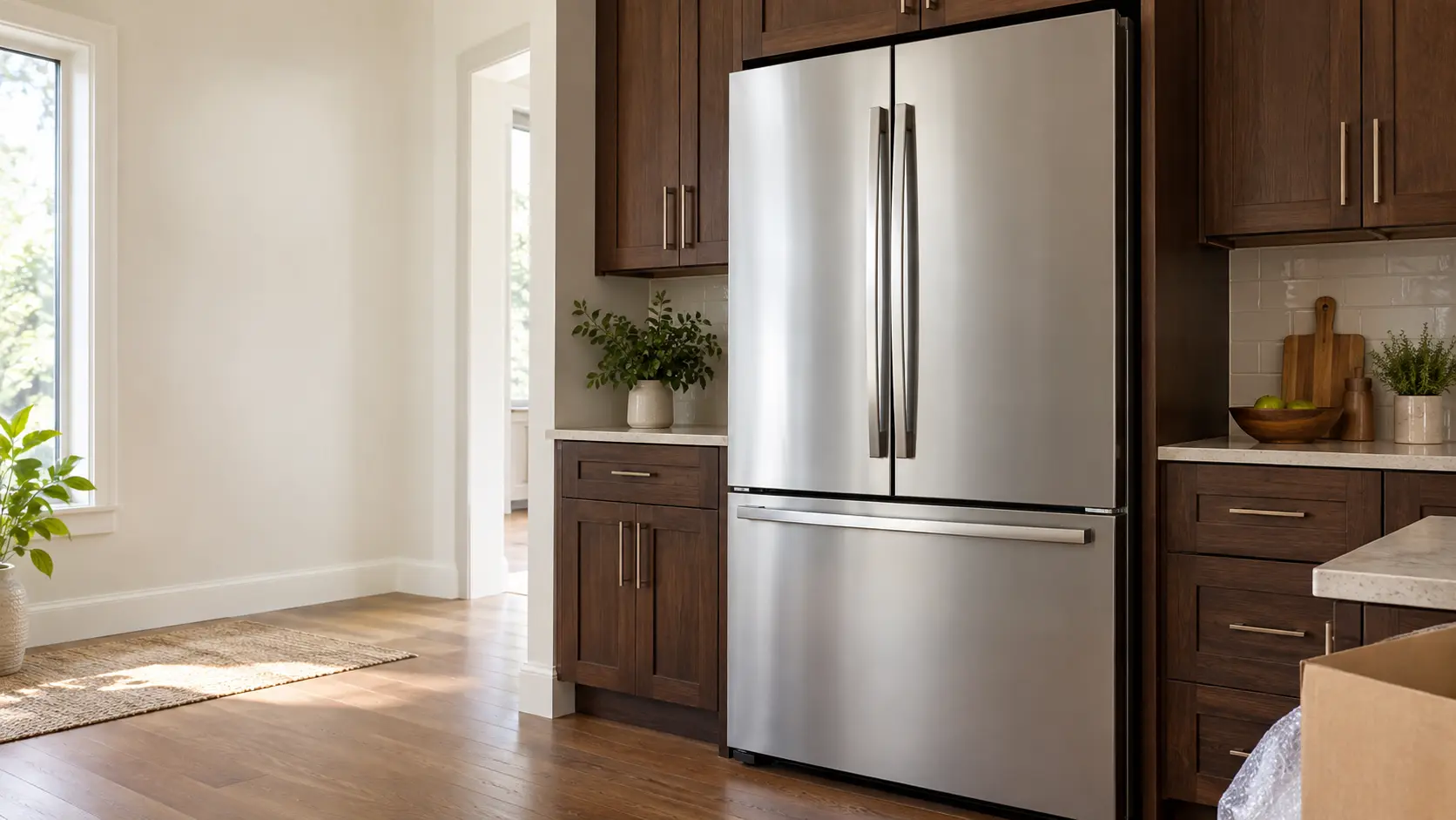 A home kitchen with a new refrigerator being set in place and dark walnut cabinets, seen close at the appliance being installed.