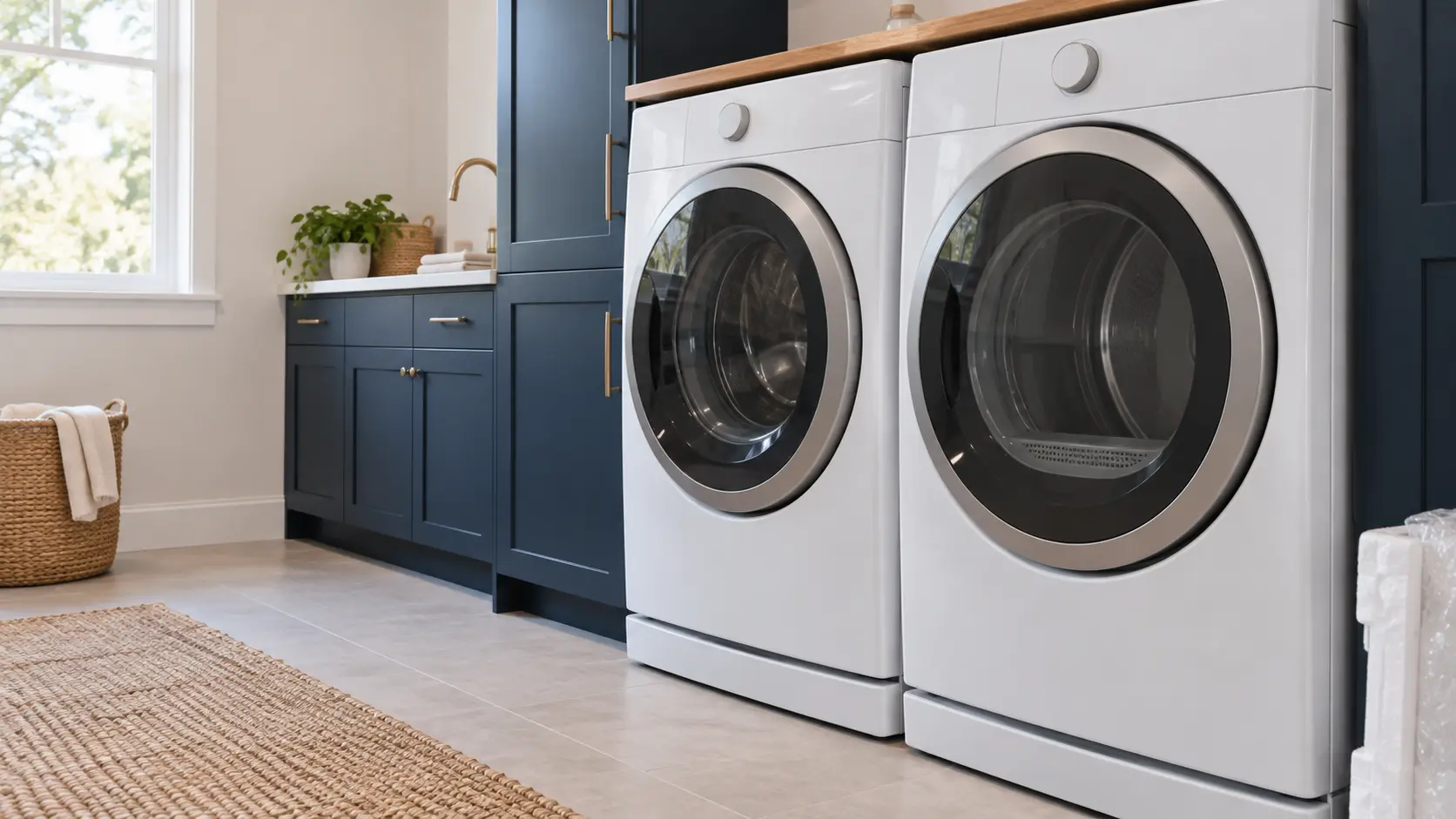 A home laundry room with a new washer and dryer going in and navy painted cabinets, seen close at the appliance being installed.