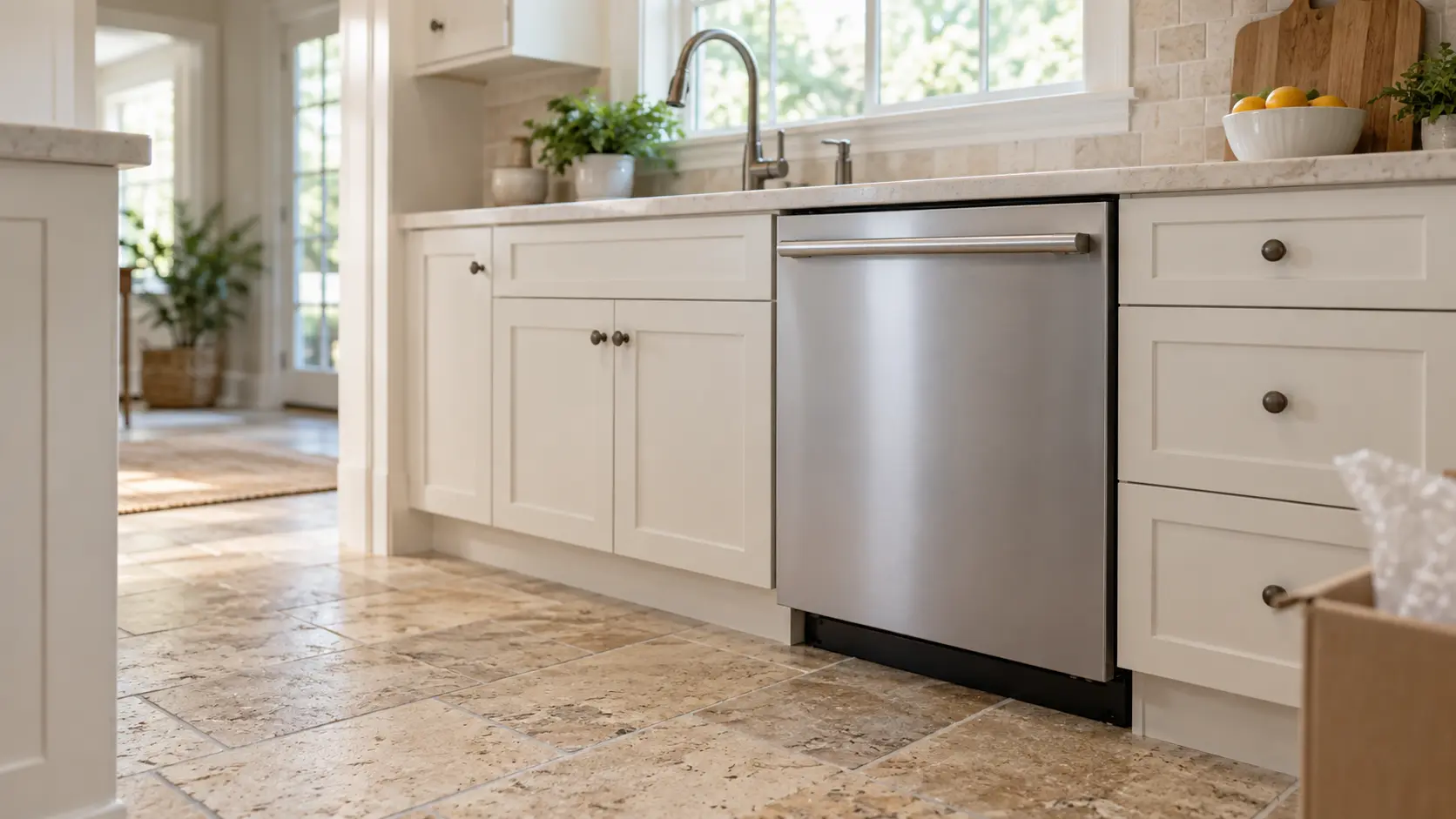 A home kitchen with a new dishwasher under the counter and travertine pavers, seen close at the appliance being installed.