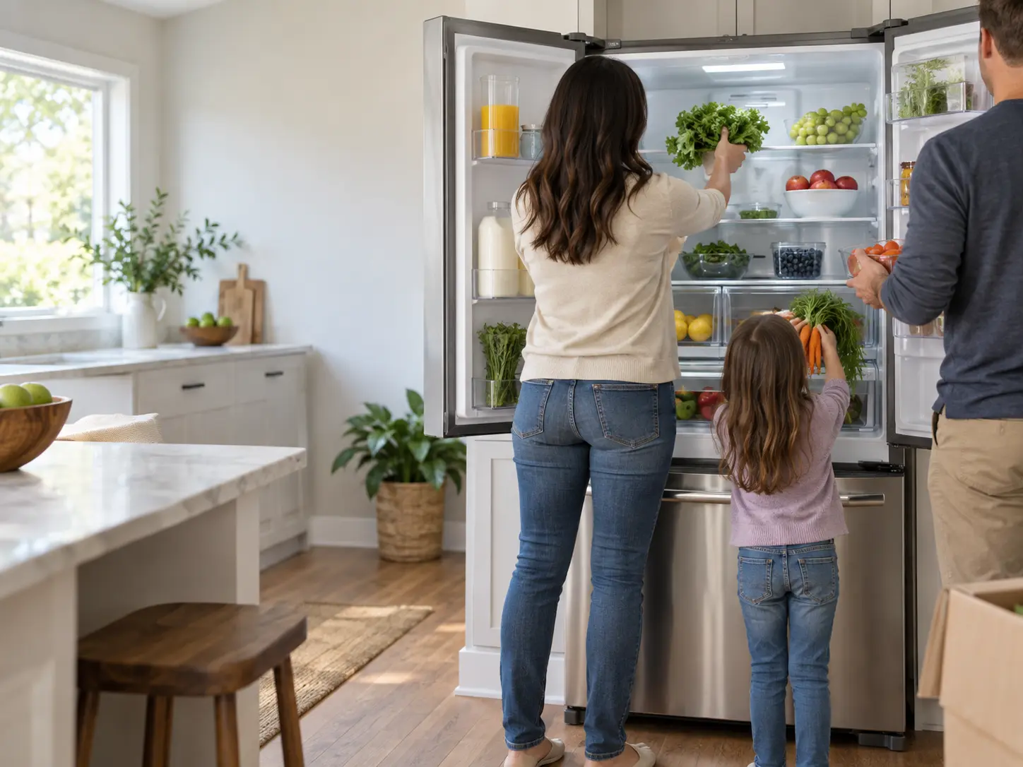 A family unpacking groceries into a newly fitted kitchen, the fresh appliances set flush in their openings.
