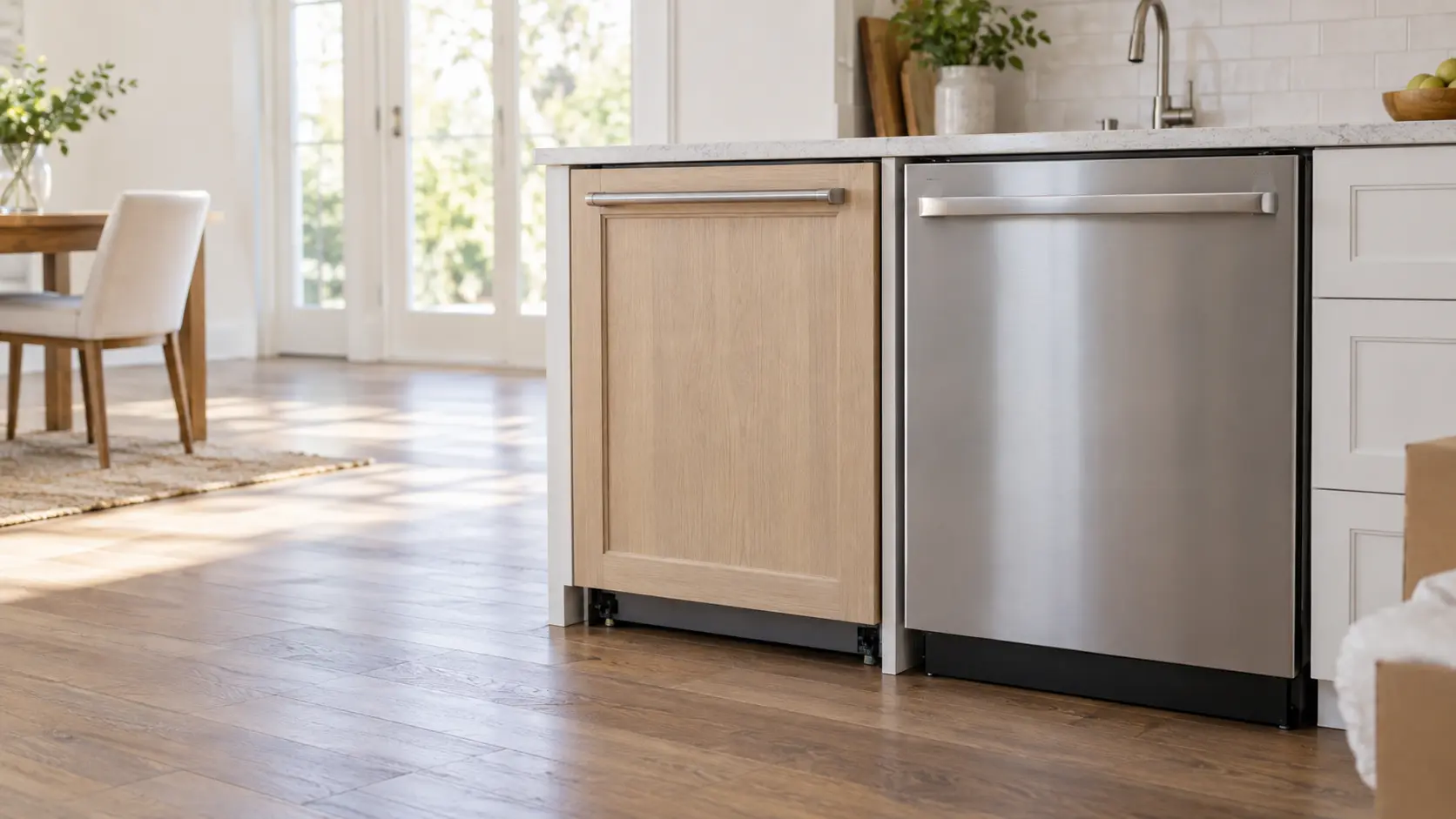 A panel-ready dishwasher beside a stainless one on a showroom floor.
