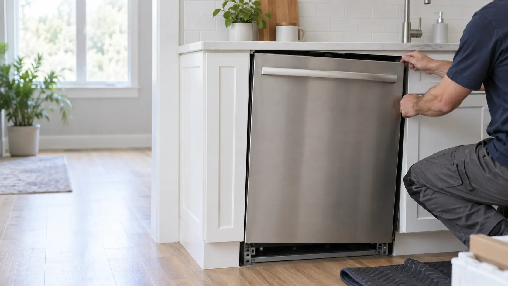 A new dishwasher sitting crooked in its opening, the counter gap uneven.