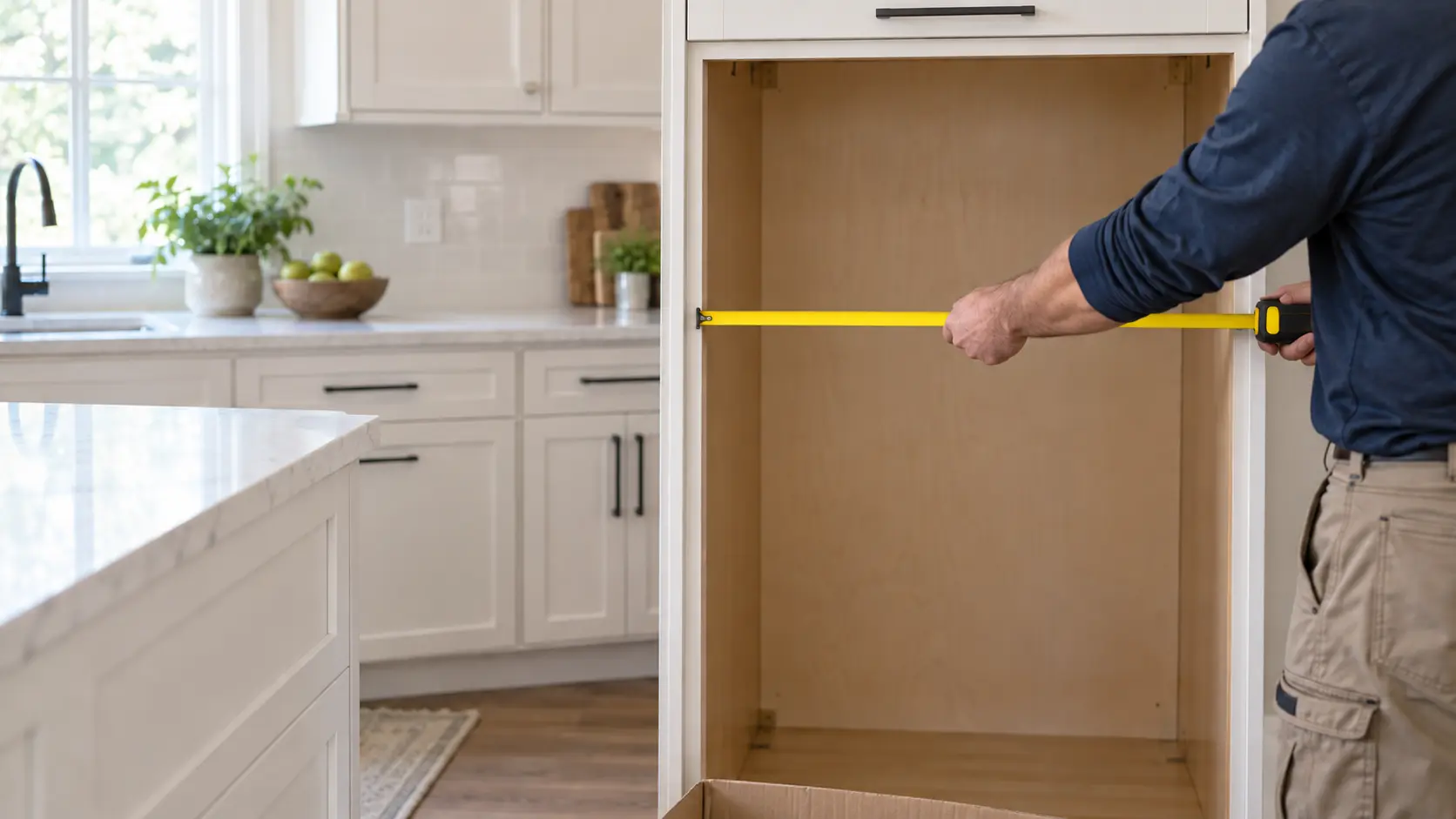 A tape measure stretched across an empty cabinet opening.