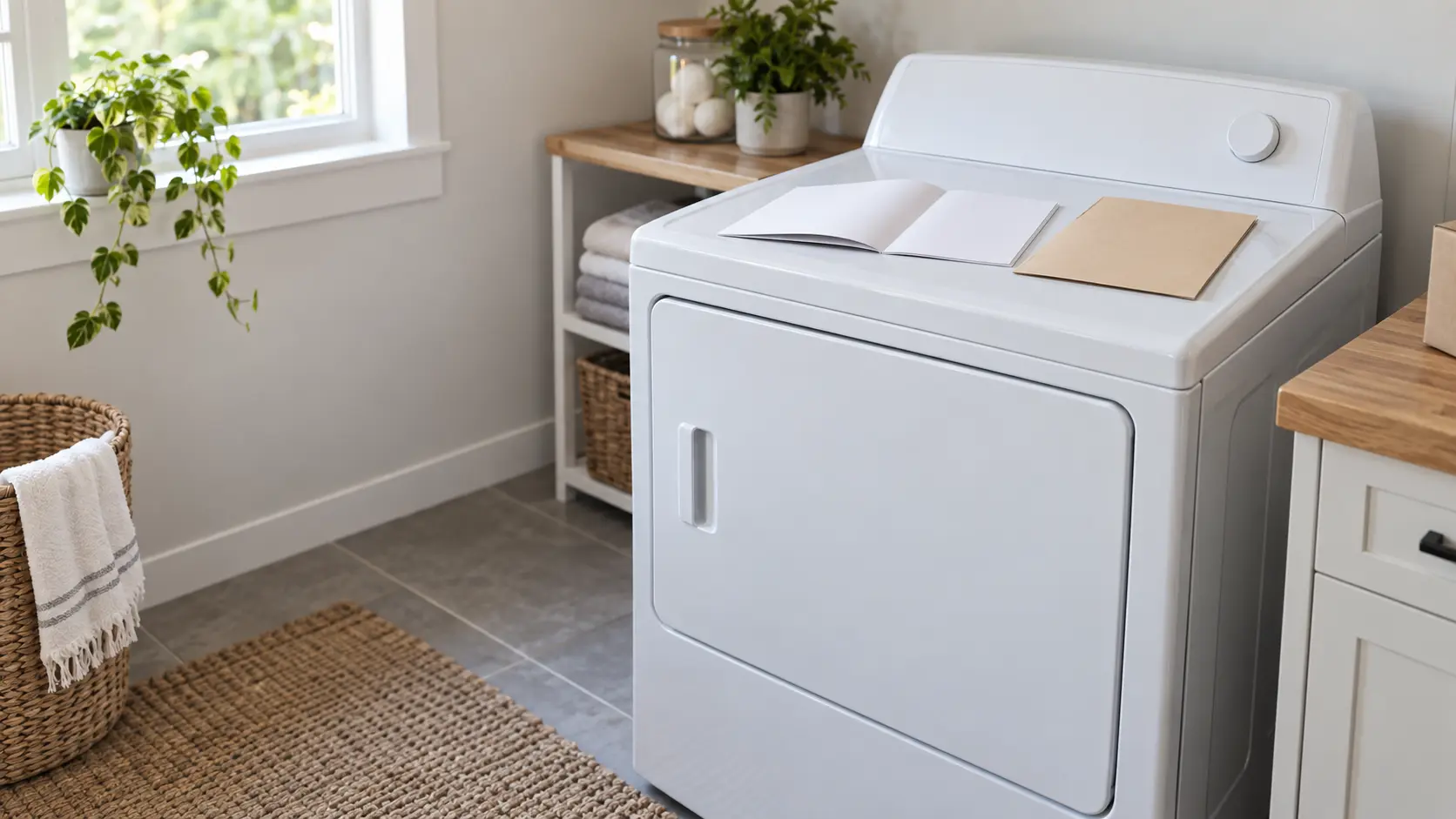 An installation booklet and a receipt folder on top of a new dryer.