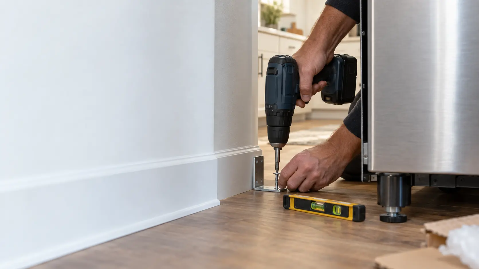 Close view at floor level behind a kitchen opening, a technician's hands seen from the wrists down driving a screw through a small steel anti-tip bracket into a wooden floor at the wall corner, a cordless drill and a short spirit level beside it, the rear leg of a stainless range visible just out of the opening, soft daylight.