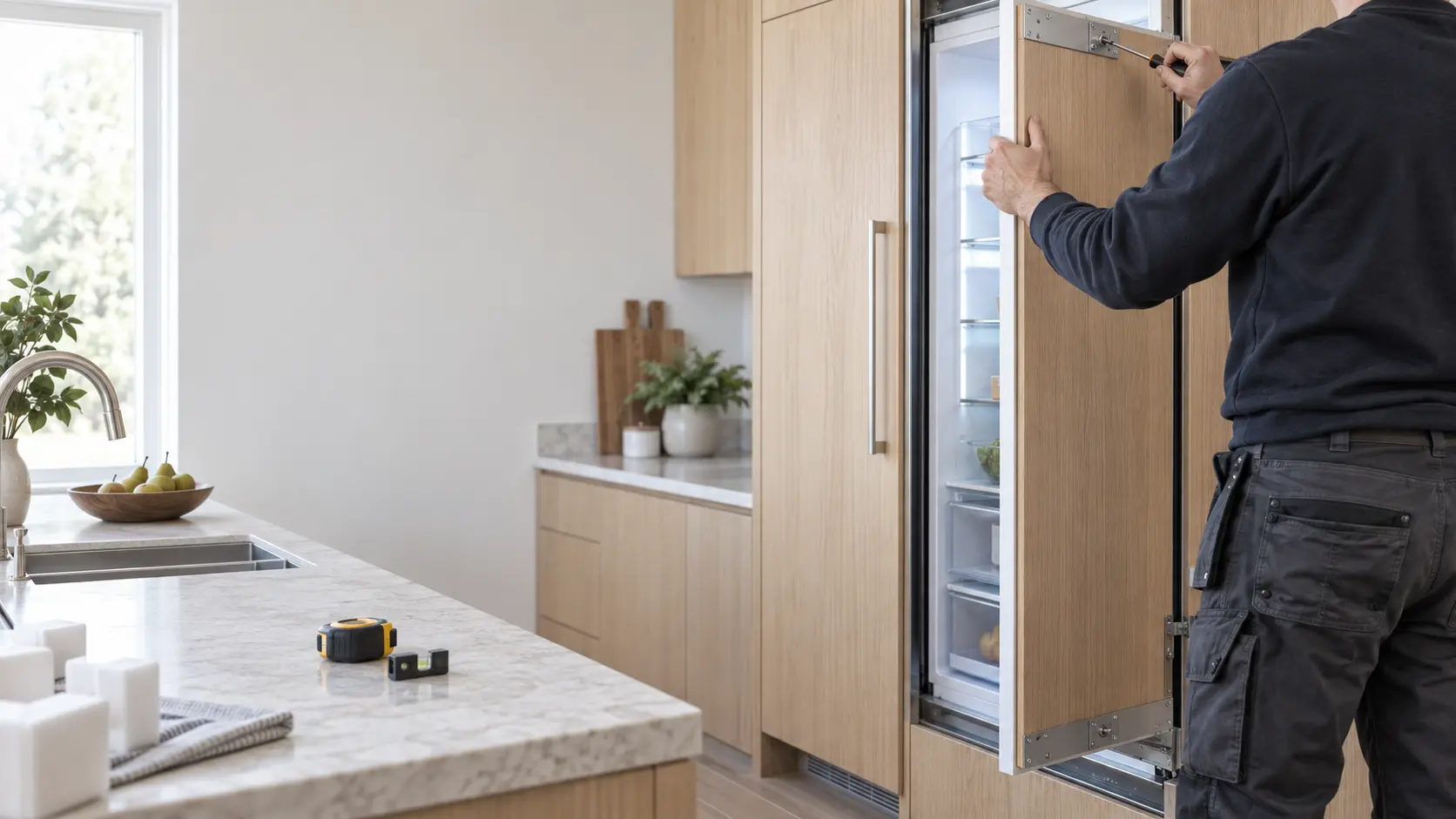 A kitchen of light oak cabinetry with a tall built-in column refrigerator set into its opening, its door open and a blank wooden cabinet panel being fitted to it, a technician seen from behind and shoulders down adjusting a panel bracket with a screwdriver, a tape measure and a small spirit level on the counter nearby, packing corner guards at the edge of the frame, even daylight.