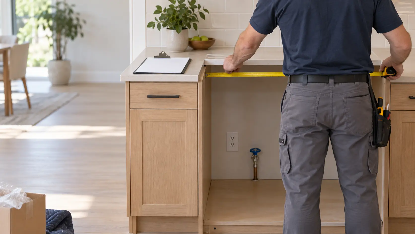 A technician seen from behind and shoulders down holding a yellow tape measure across an empty built-in appliance opening between light wood kitchen cabinets, a plain clipboard with blank pages resting on the counter beside the opening, a receptacle and a water valve visible on the back wall of the opening, calm morning light.