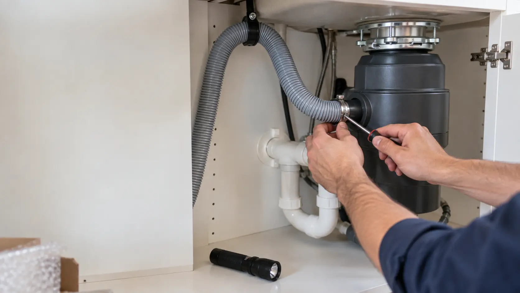 Close view into an open sink cabinet in a bright kitchen, a technician's hands seen from the wrists down tightening a hose clamp where a gray corrugated drain hose meets the inlet of a garbage disposer, the hose rising in a loop fastened high under the counter, a small flashlight lying on the cabinet floor, soft daylight.