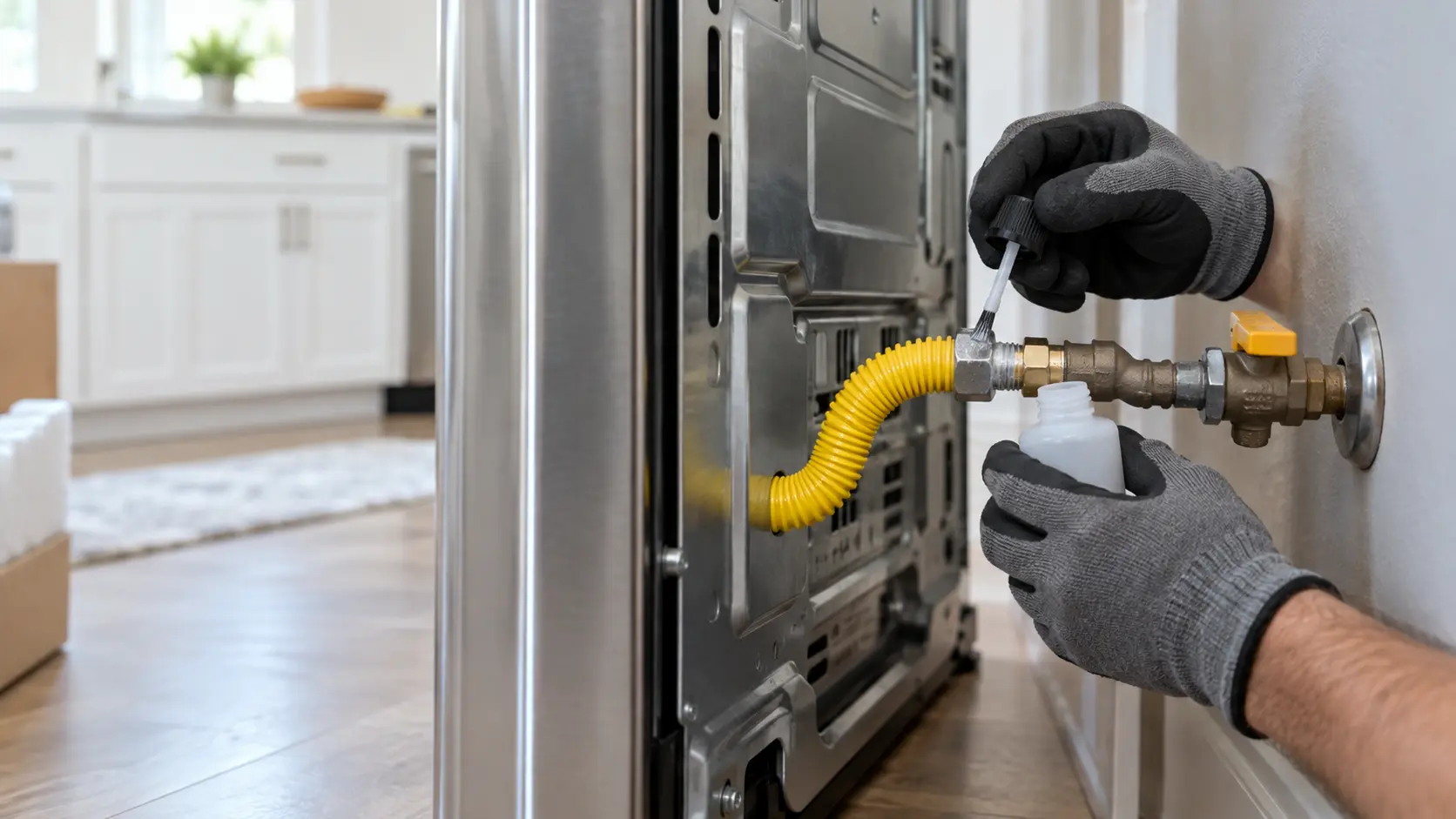 Close view behind a new stainless gas range pulled out from the wall, a technician's gloved hands seen from the wrists down brushing leak-test solution from a small bottle onto the flare nut of a new yellow-coated flexible gas connector where it meets a wall shutoff valve, the burners above out of frame and unlit, soft daylight.