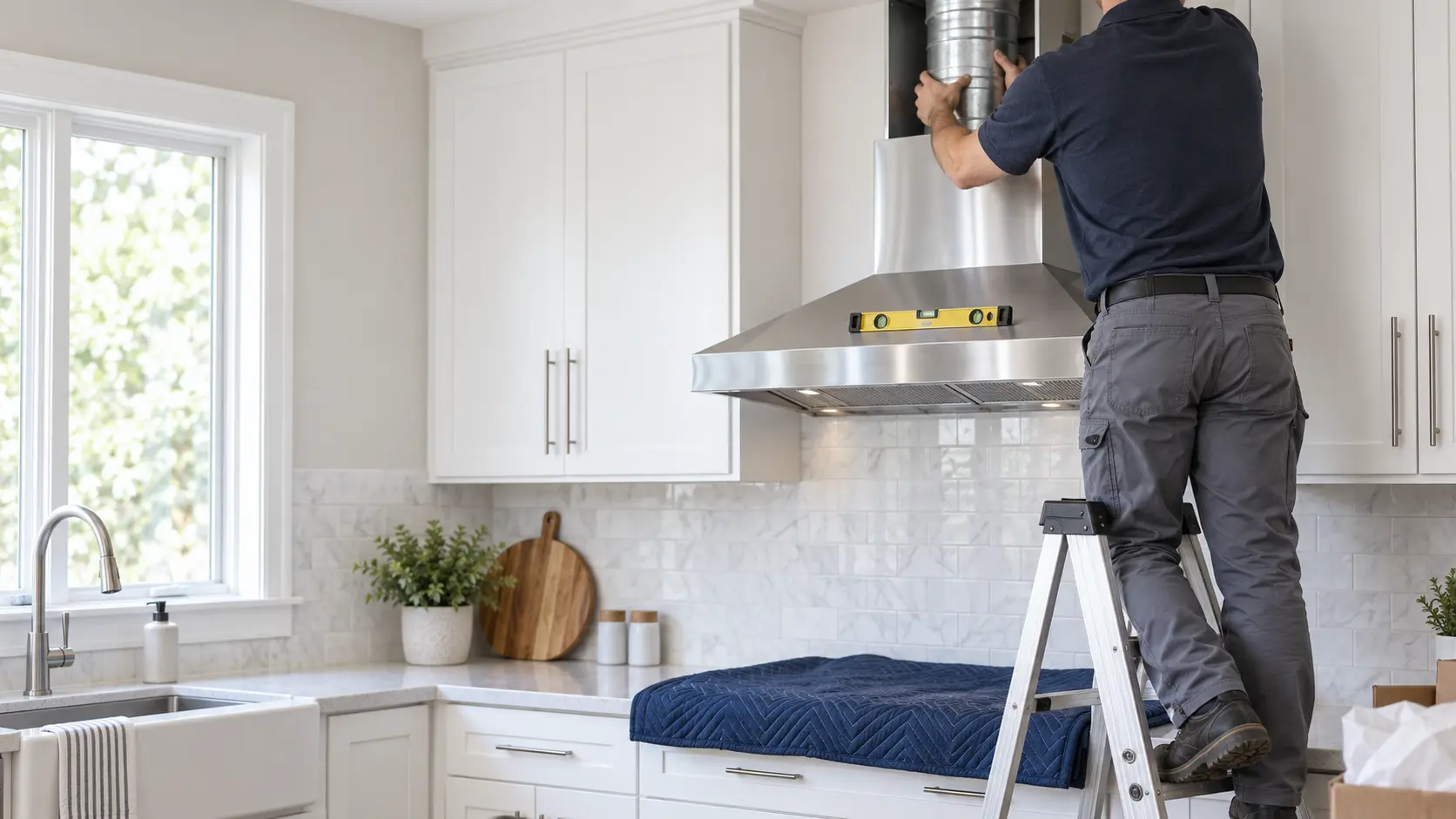 A bright kitchen with a new stainless wall chimney hood being mounted above a cooktop, a technician seen from behind and shoulders down on a short step ladder holding a round galvanized metal duct section up into the open chimney cover, a spirit level resting on the hood canopy, the cooktop below covered with a folded moving blanket and switched off, even daylight.