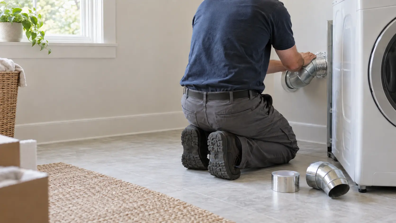A home laundry room with a new front-loading dryer pulled out from the wall, a technician seen from behind and shoulders down pressing silver foil tape around the joint of a short rigid metal exhaust elbow where it meets the wall collar, a roll of foil tape and a spare metal elbow on the floor, soft daylight.