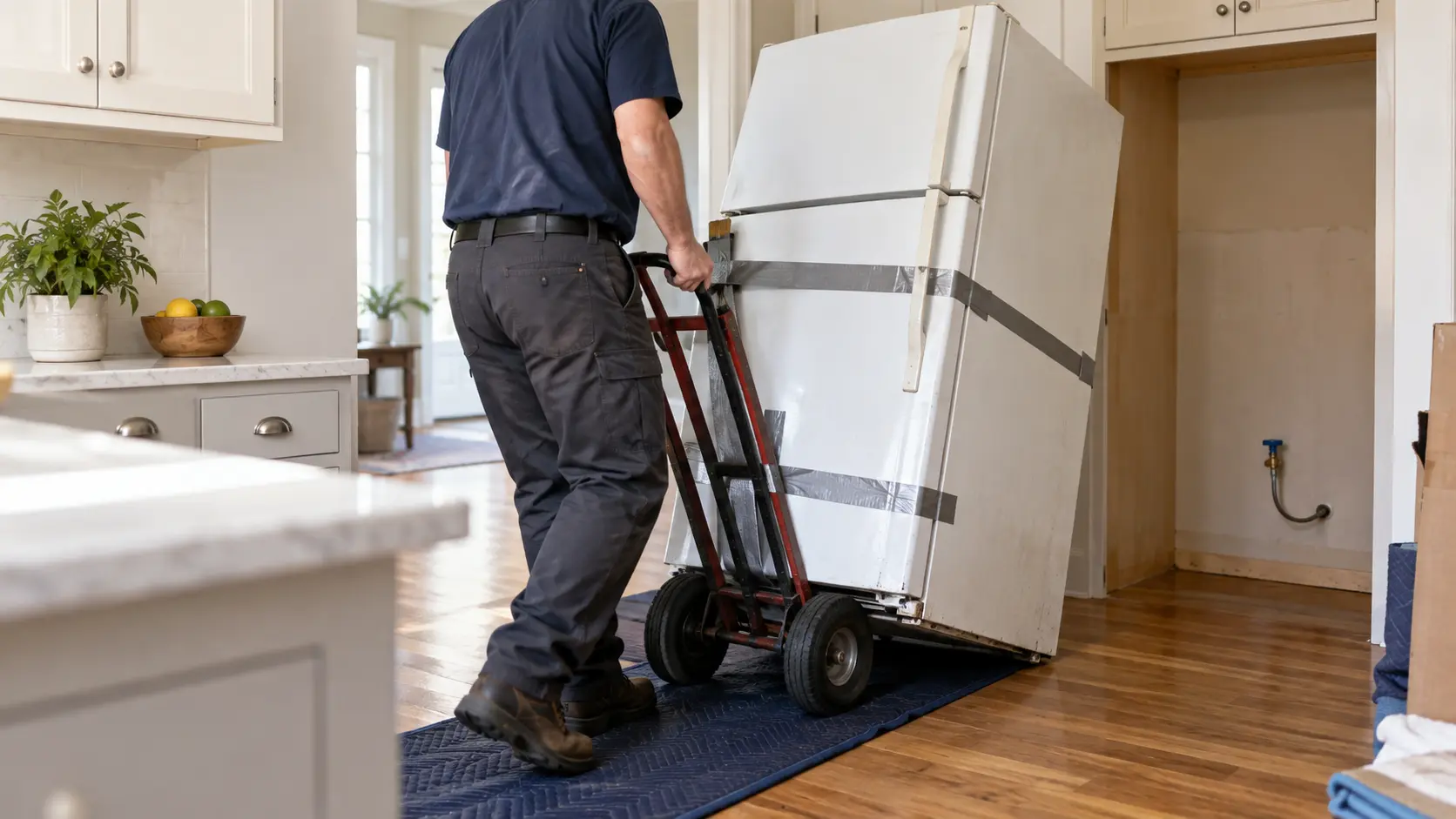 A kitchen doorway with an old white refrigerator taped shut and strapped to a two-wheel appliance hand truck being tilted back and wheeled out over a protective floor runner, a technician seen from behind and shoulders down gripping the handles, the empty cabinet opening behind him with a capped water valve on the wall, even daylight.