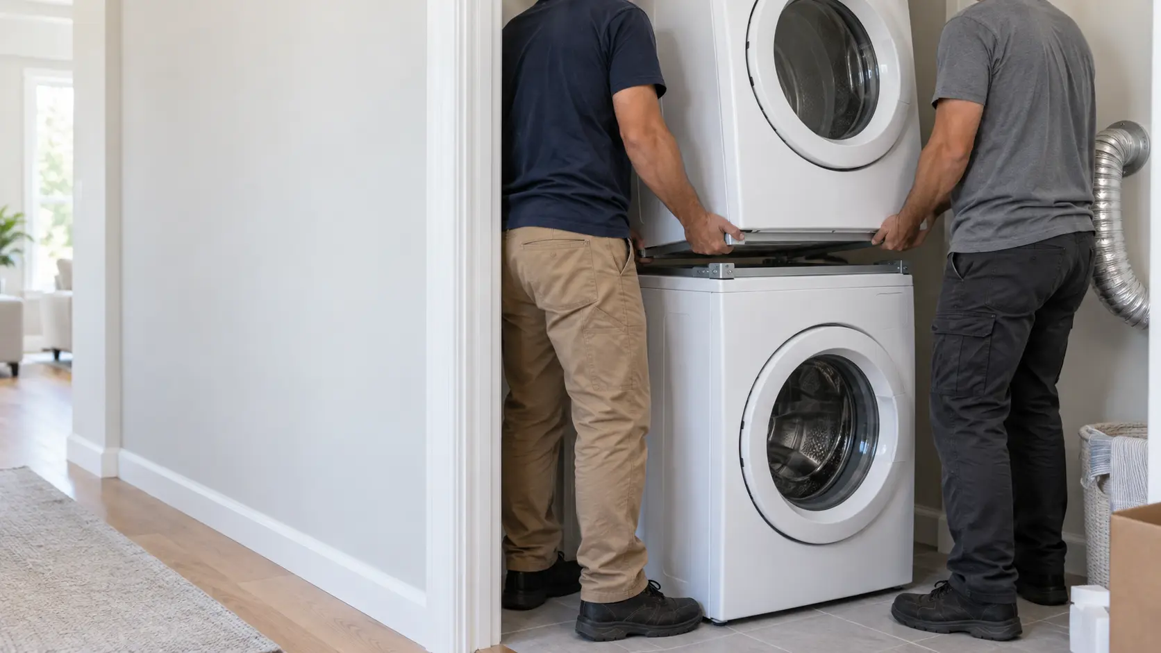 A narrow home laundry closet with a new white front-loading washer in place, two workers seen from behind and shoulders down lifting a matching dryer onto its top, a slim metal stacking bracket visible on the washer's top edge, a coiled metal exhaust transition hanging from the wall collar, even daylight from the hallway.